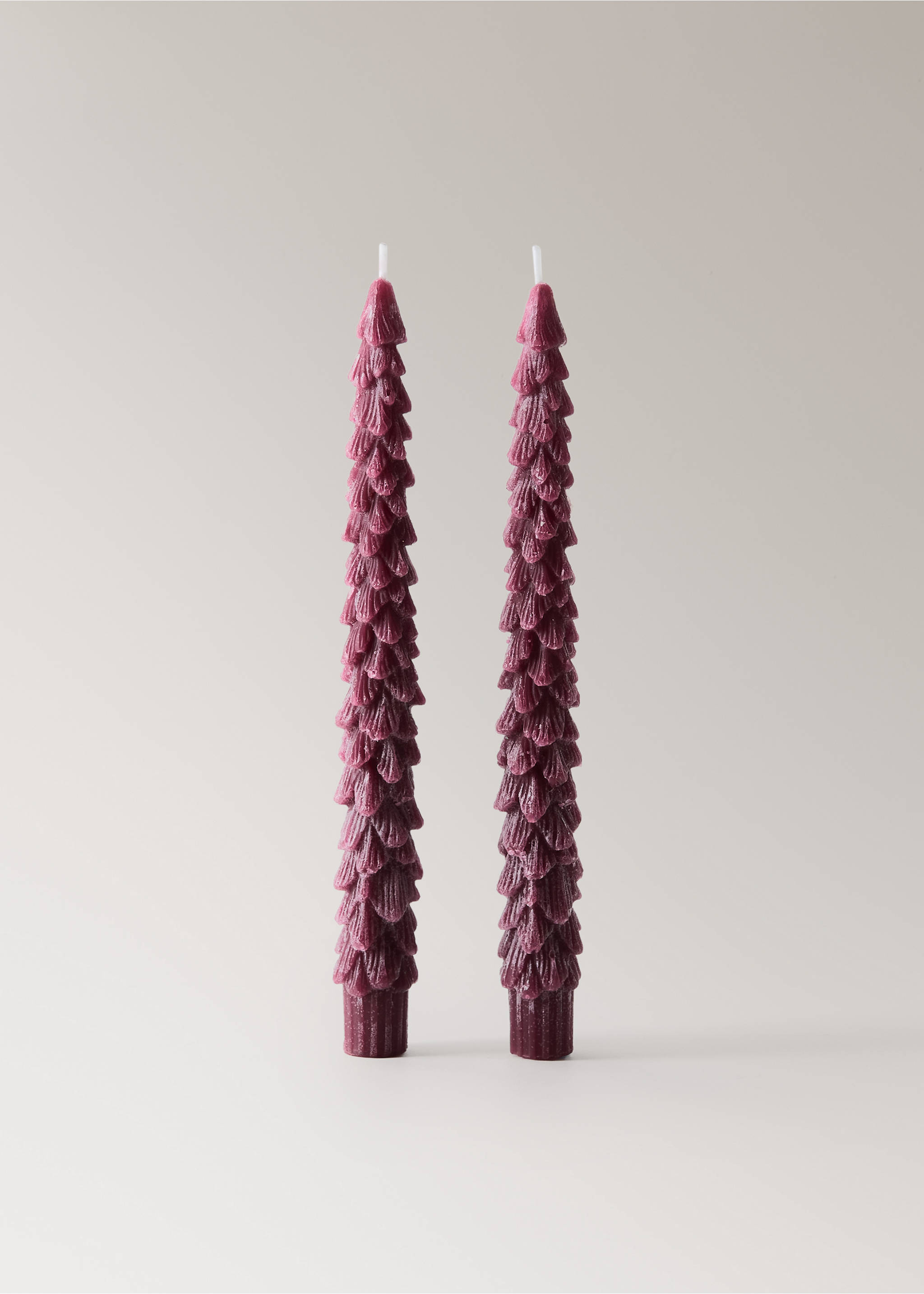 Two dark pink plum-coloured tree-shaped candles with textured layers., Maroon. Ref: 37097889-00.