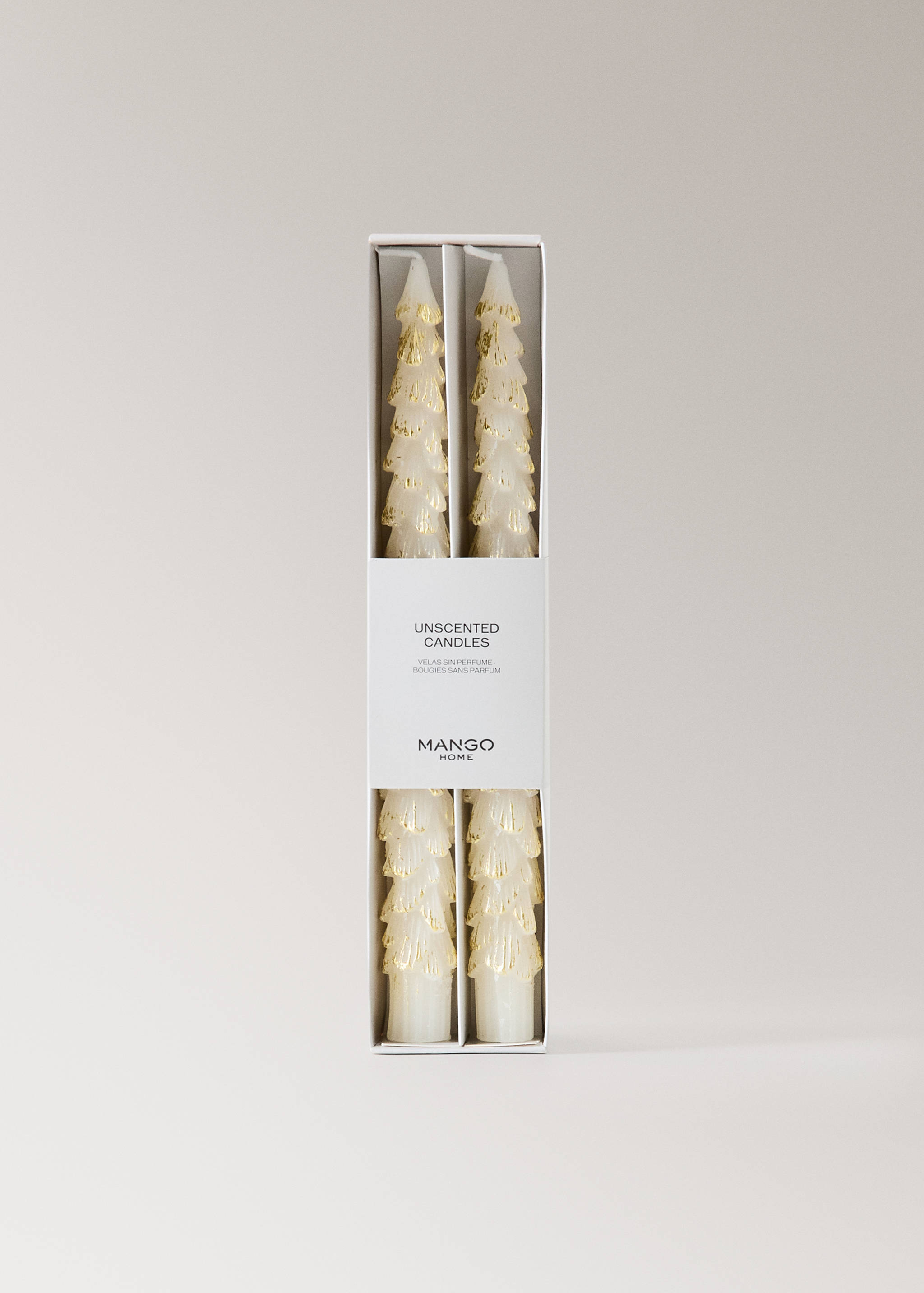 Pack of two off-white tree-shaped scented candles with gold details in a box.