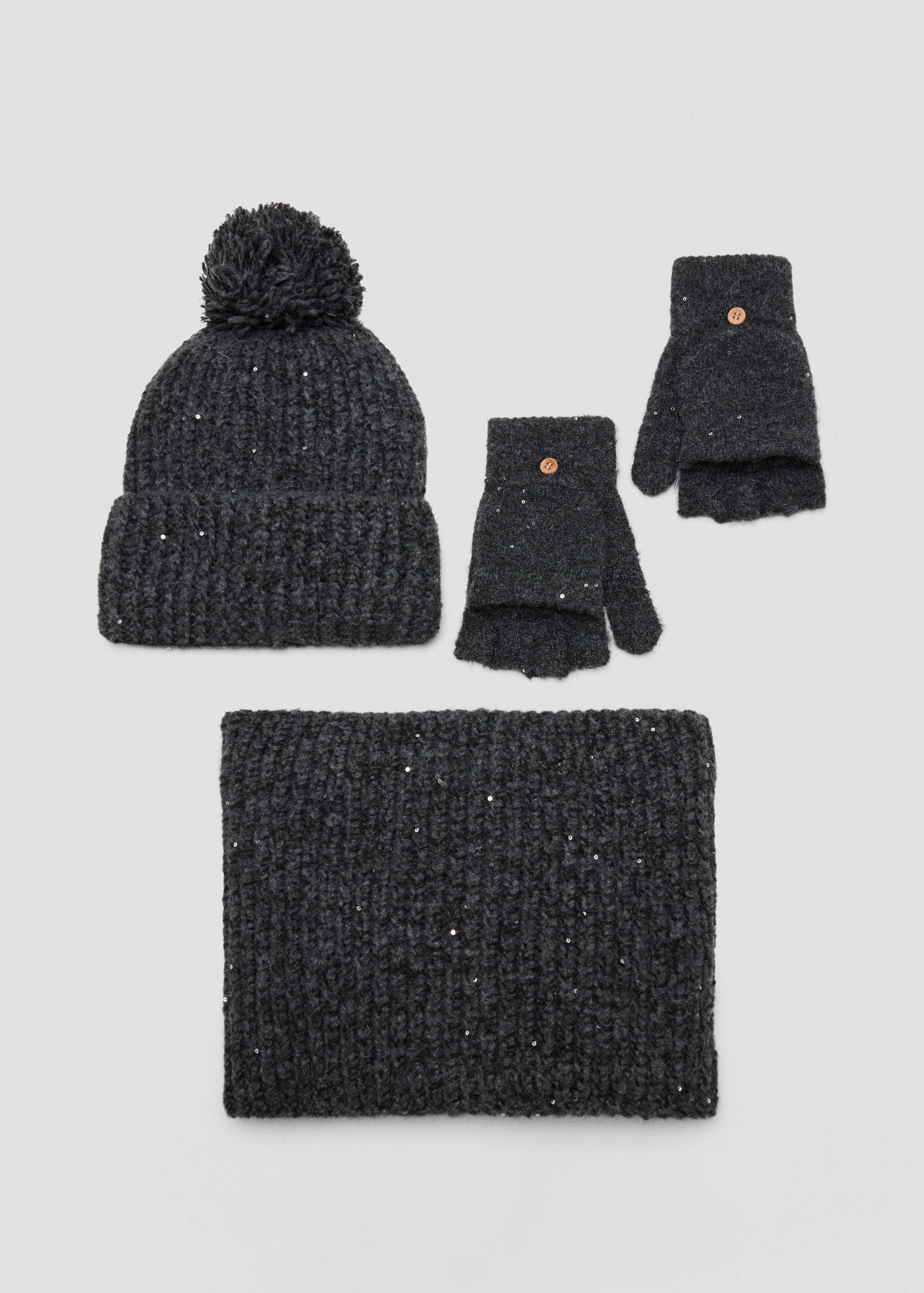 Dark grey knitted kids beanie hat with pom-pom and sequin detail.