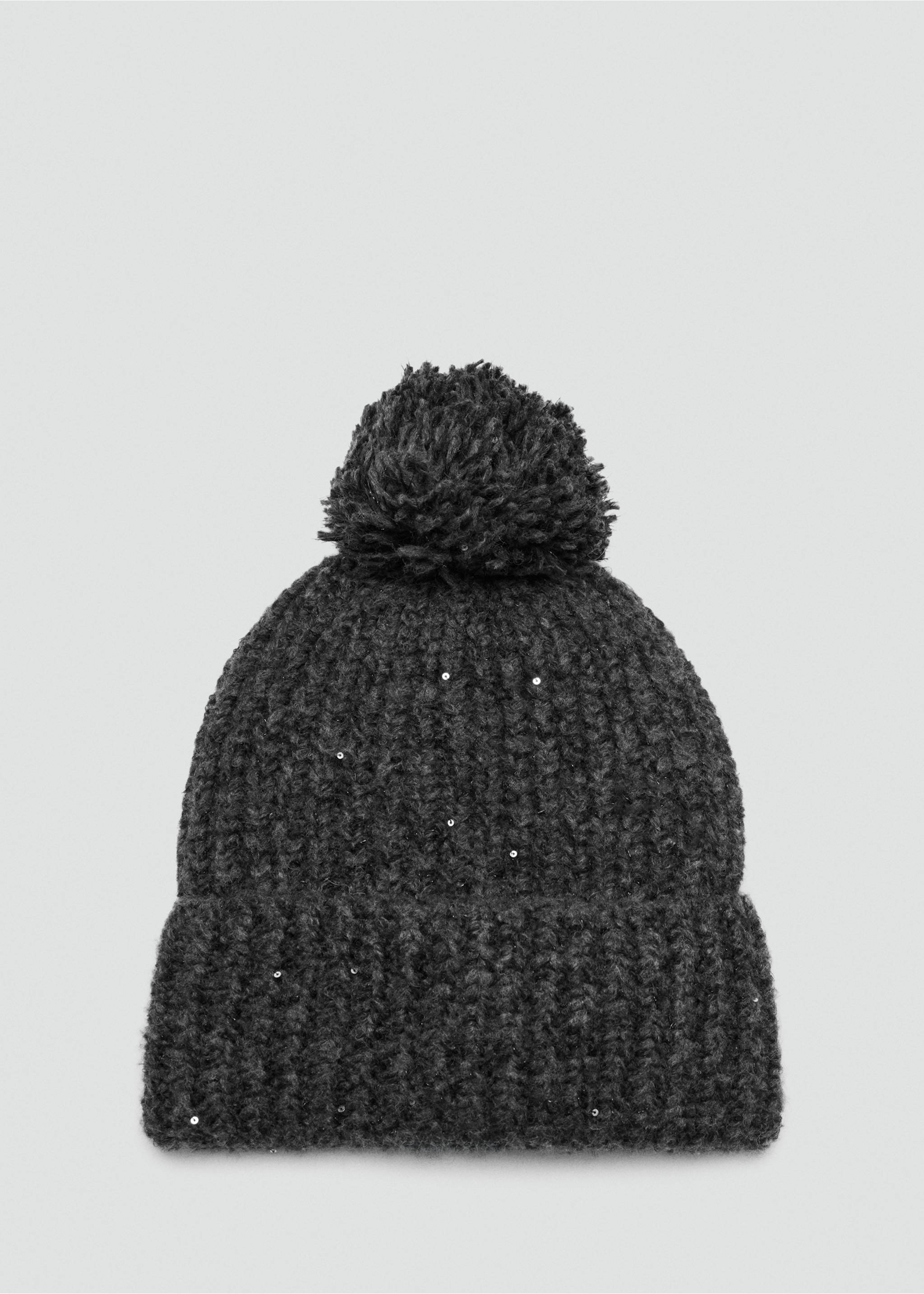 Dark grey knitted beanie with a pom-pom, folded brim and subtle sequins., Charcoal. Ref: 37097894-00.