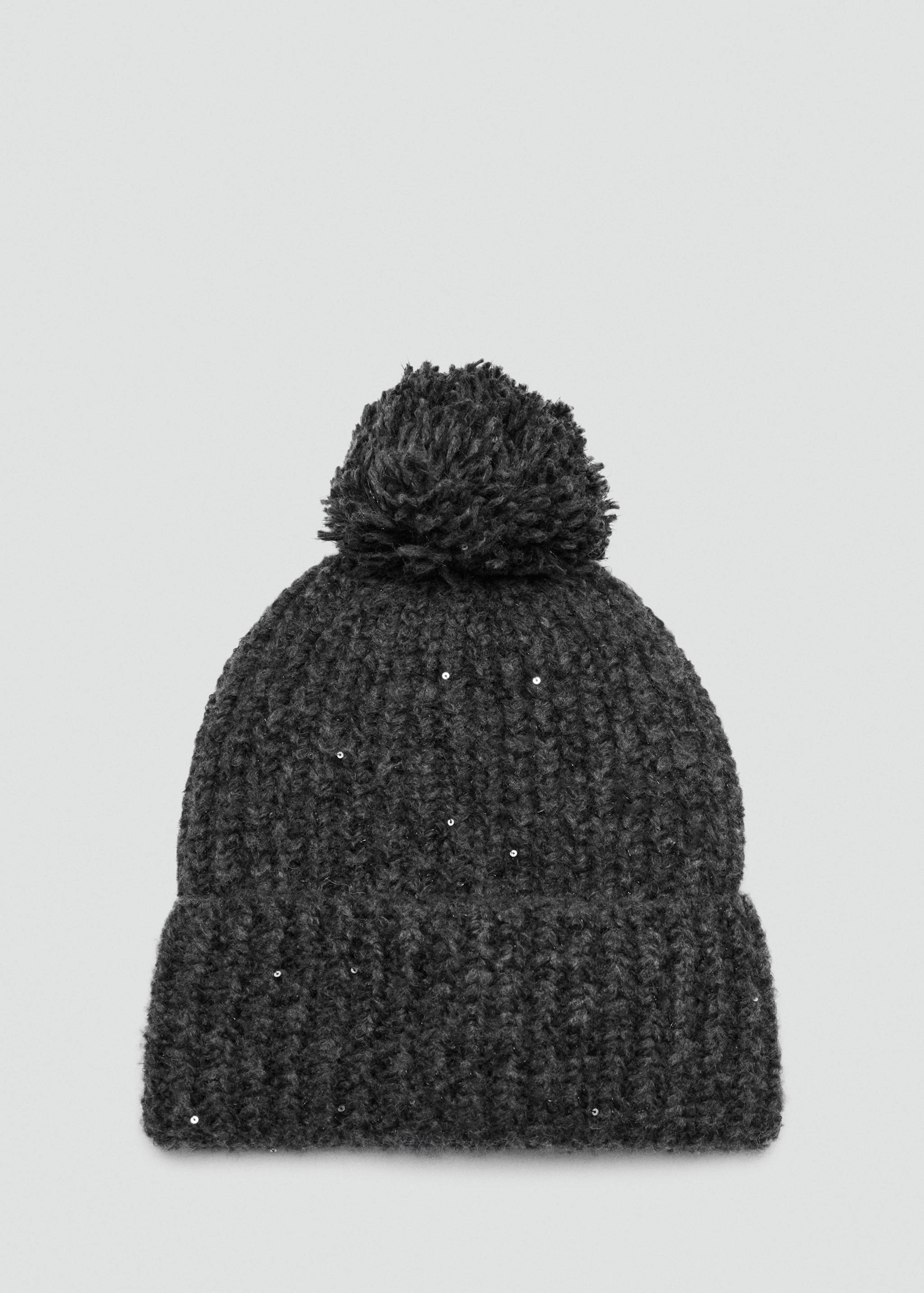 Dark grey knitted beanie with a pom-pom, folded brim and subtle sequins.