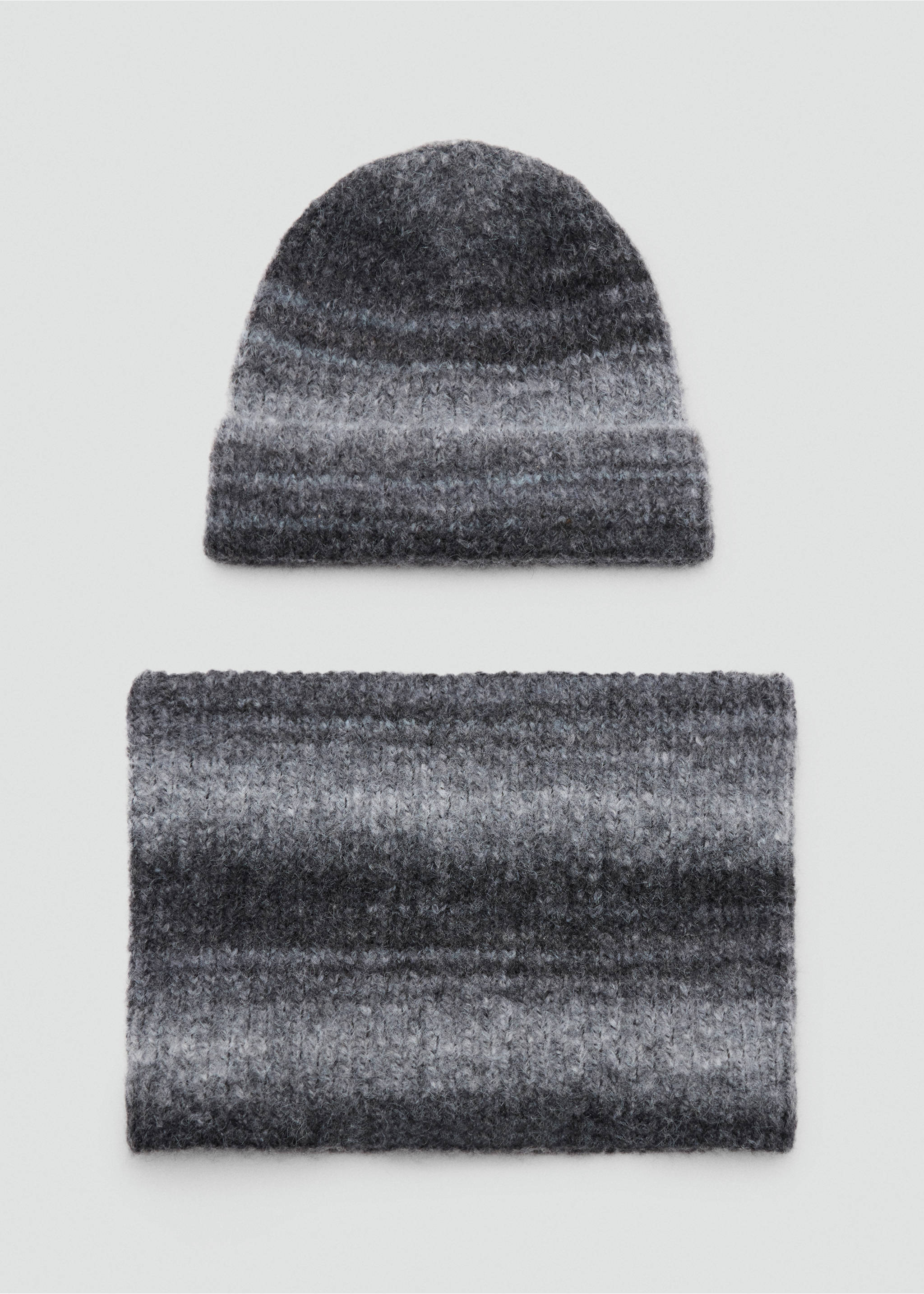 Grey ombre textured knit beanie and matching scarf set., Grey. Ref: 37097896-00.