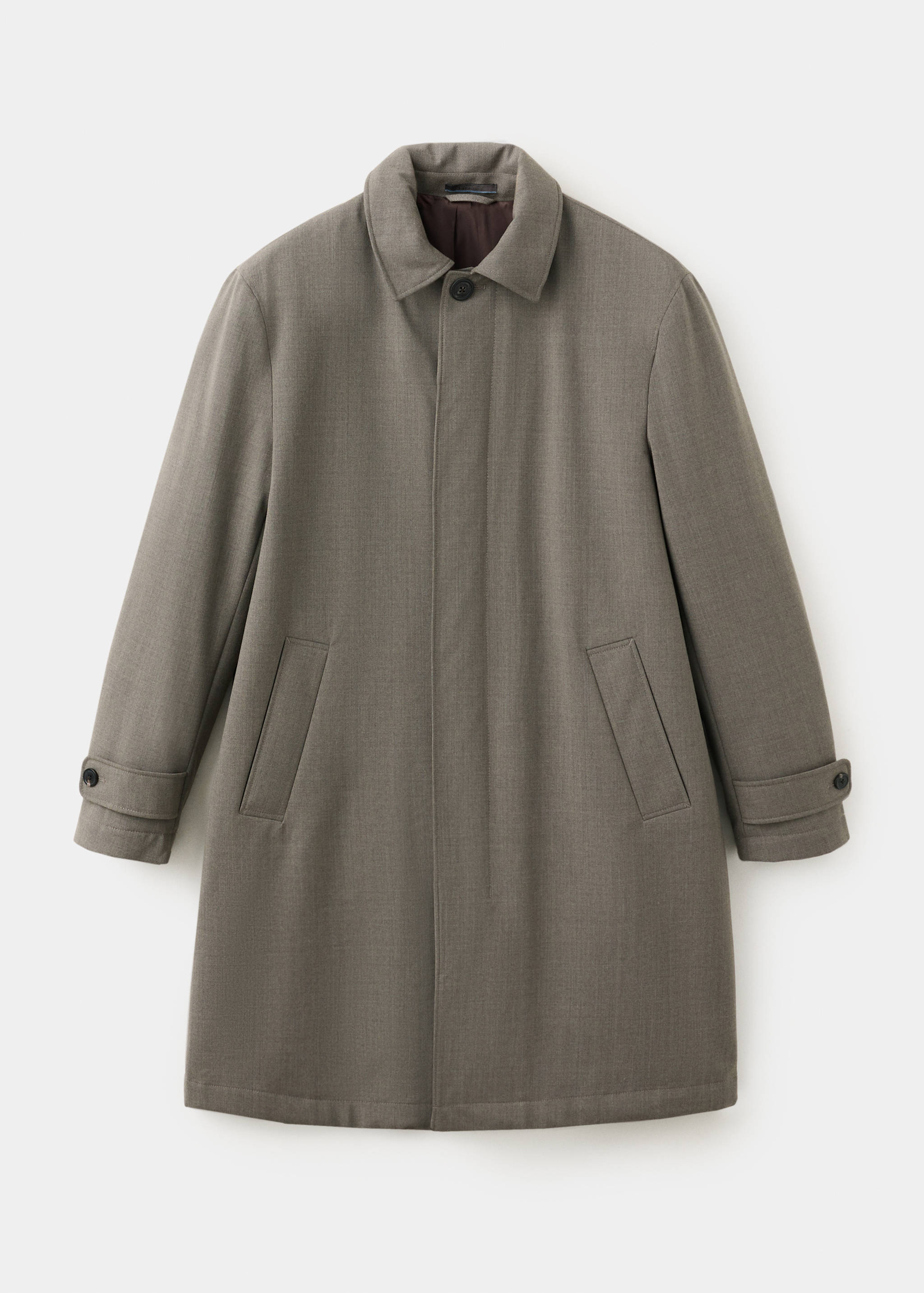 Grey trench coat with a shirt collar and front button fastening.