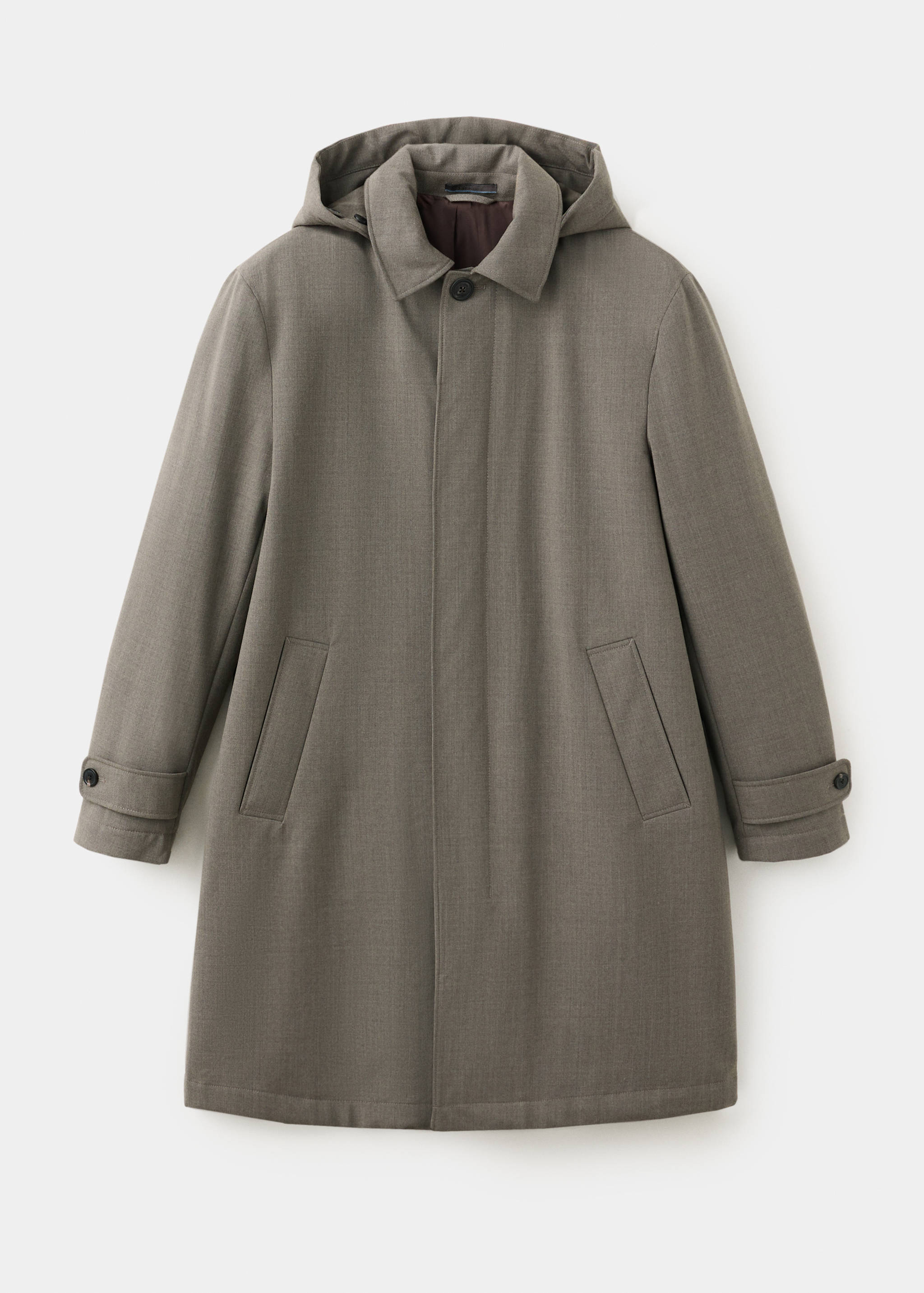 Grey trench coat with hood, collar, and buttoned cuffs.