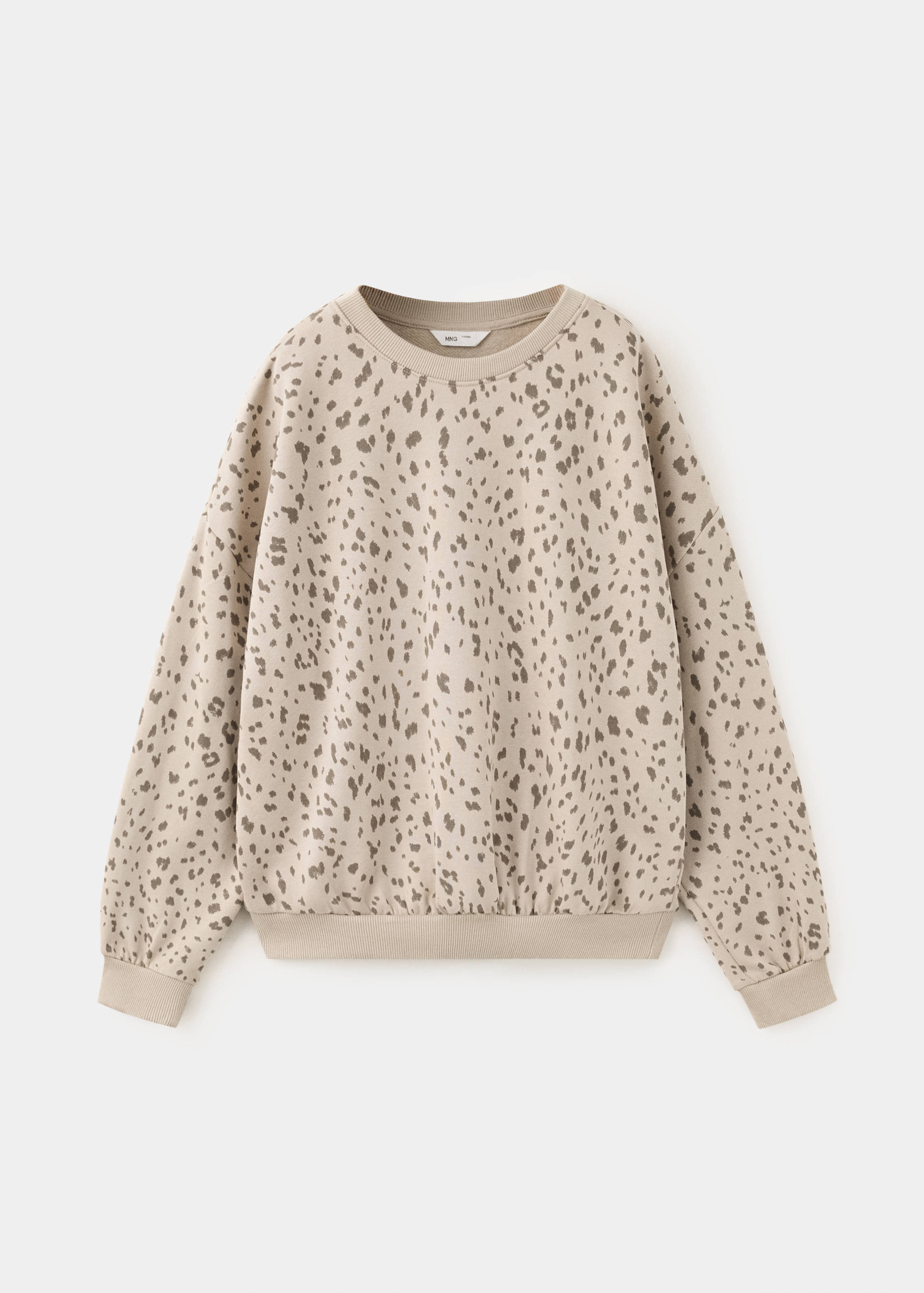 Sudadera beige con estampado de animales, cuello redondo y ribetes acanalados.