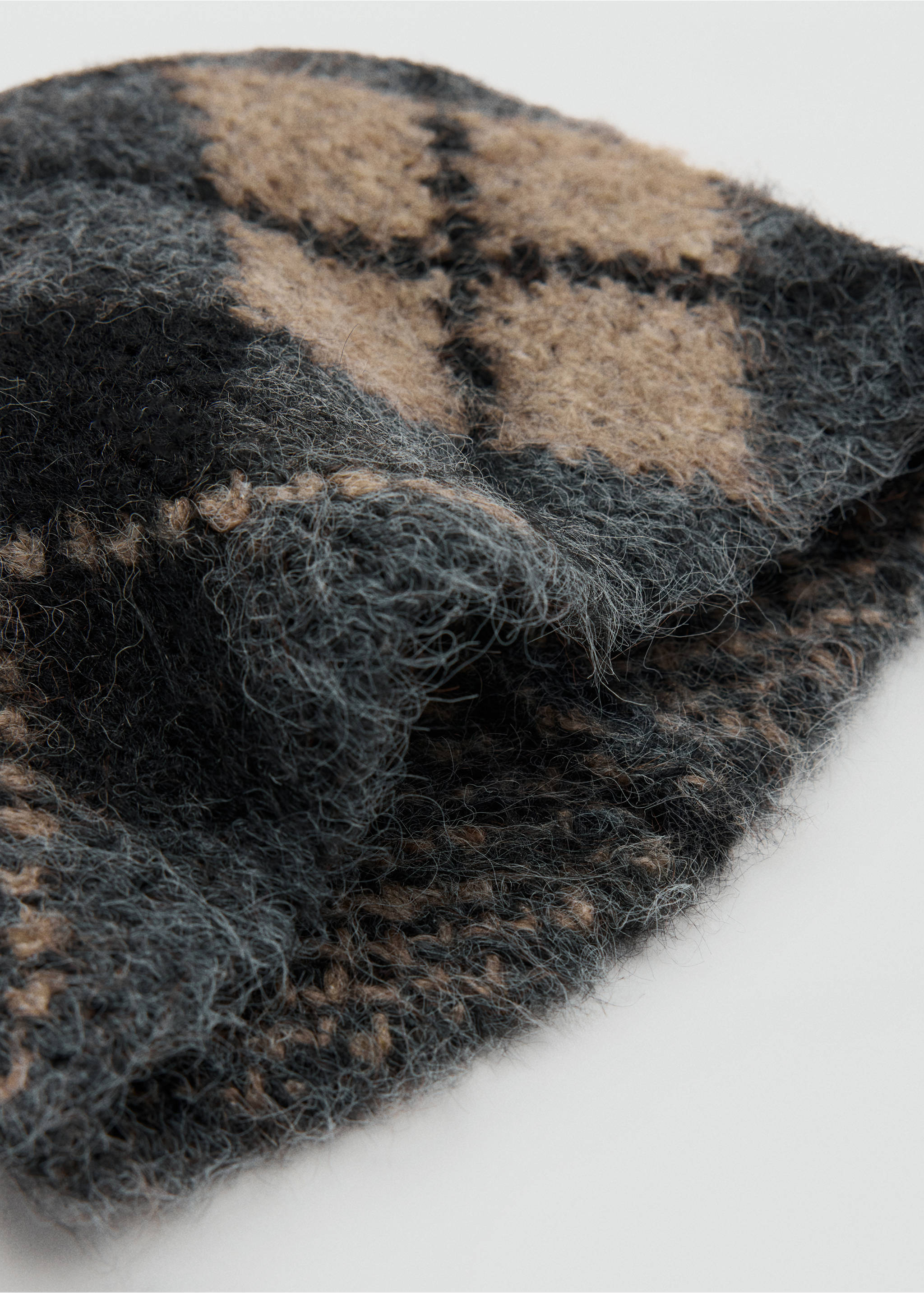 Black, grey, and camel fuzzy argyle beanie., Dark Heather Grey. Ref: 37097906-00.