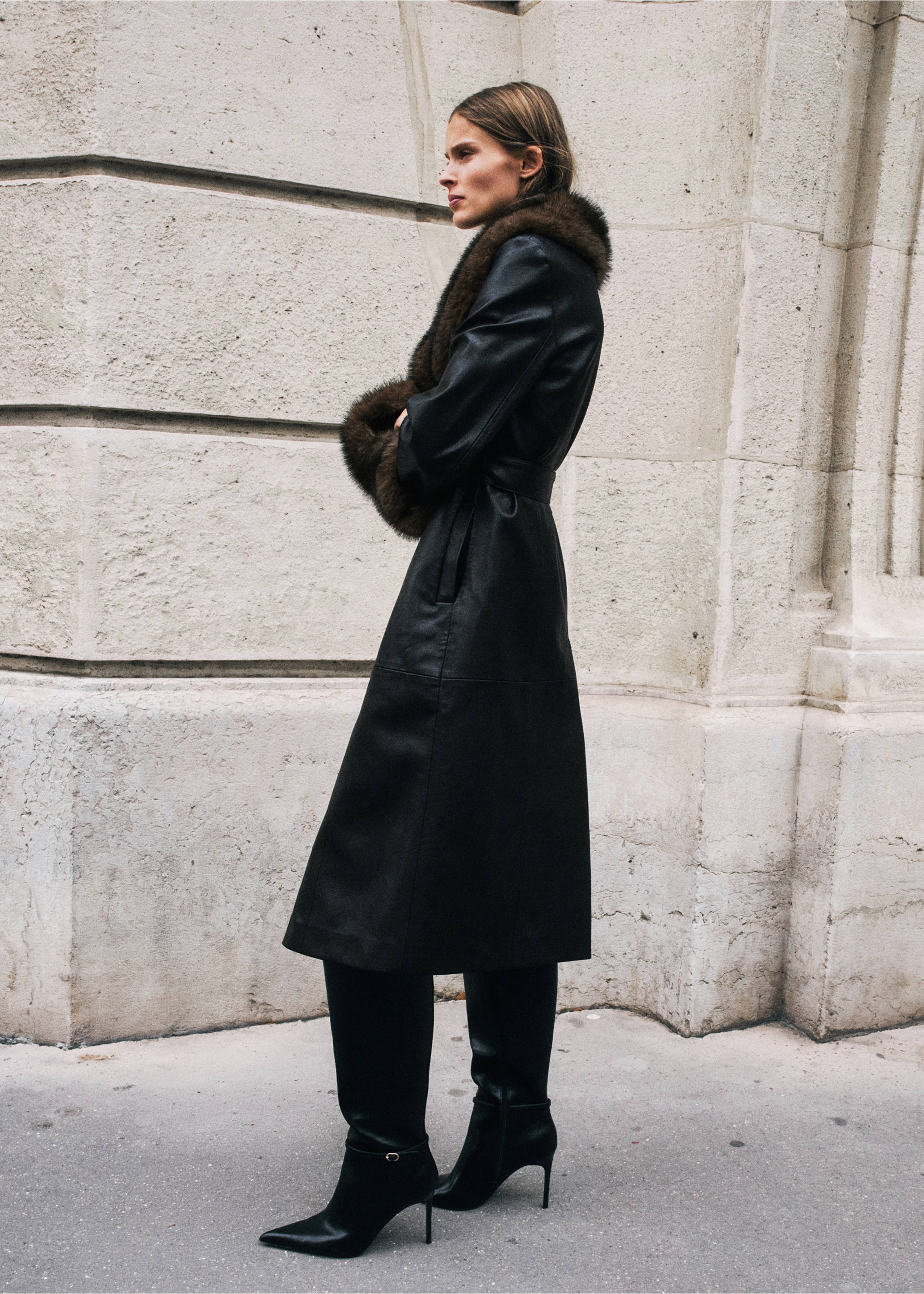 Faux-leather coat with fur-effect trim - General plane, Black. Ref: 37097907-00.