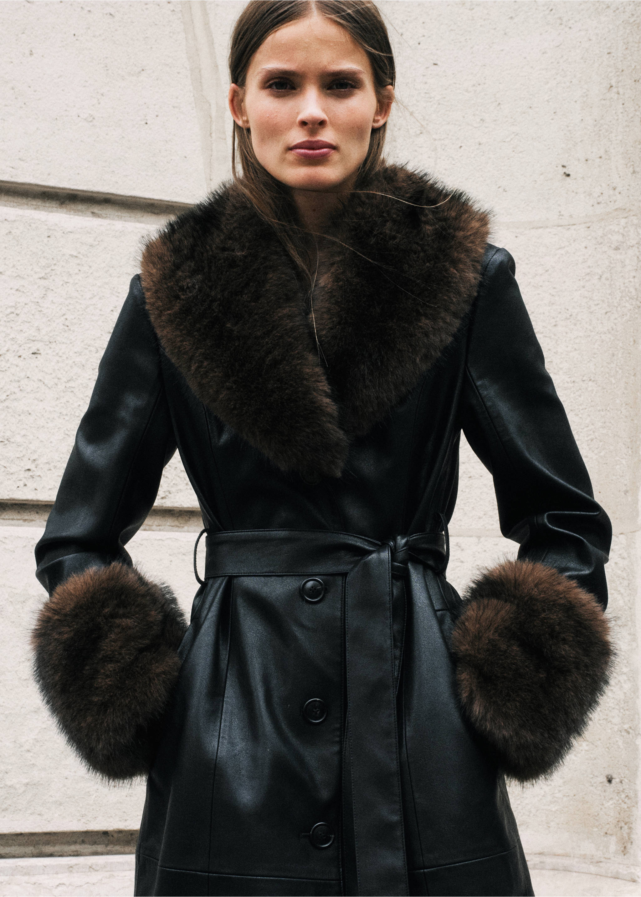 Faux-leather coat with fur-effect trim - Medium plane, Black. Ref: 37097907-00.
