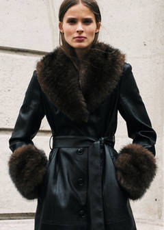 Faux-leather coat with fur-effect trim — Black 1