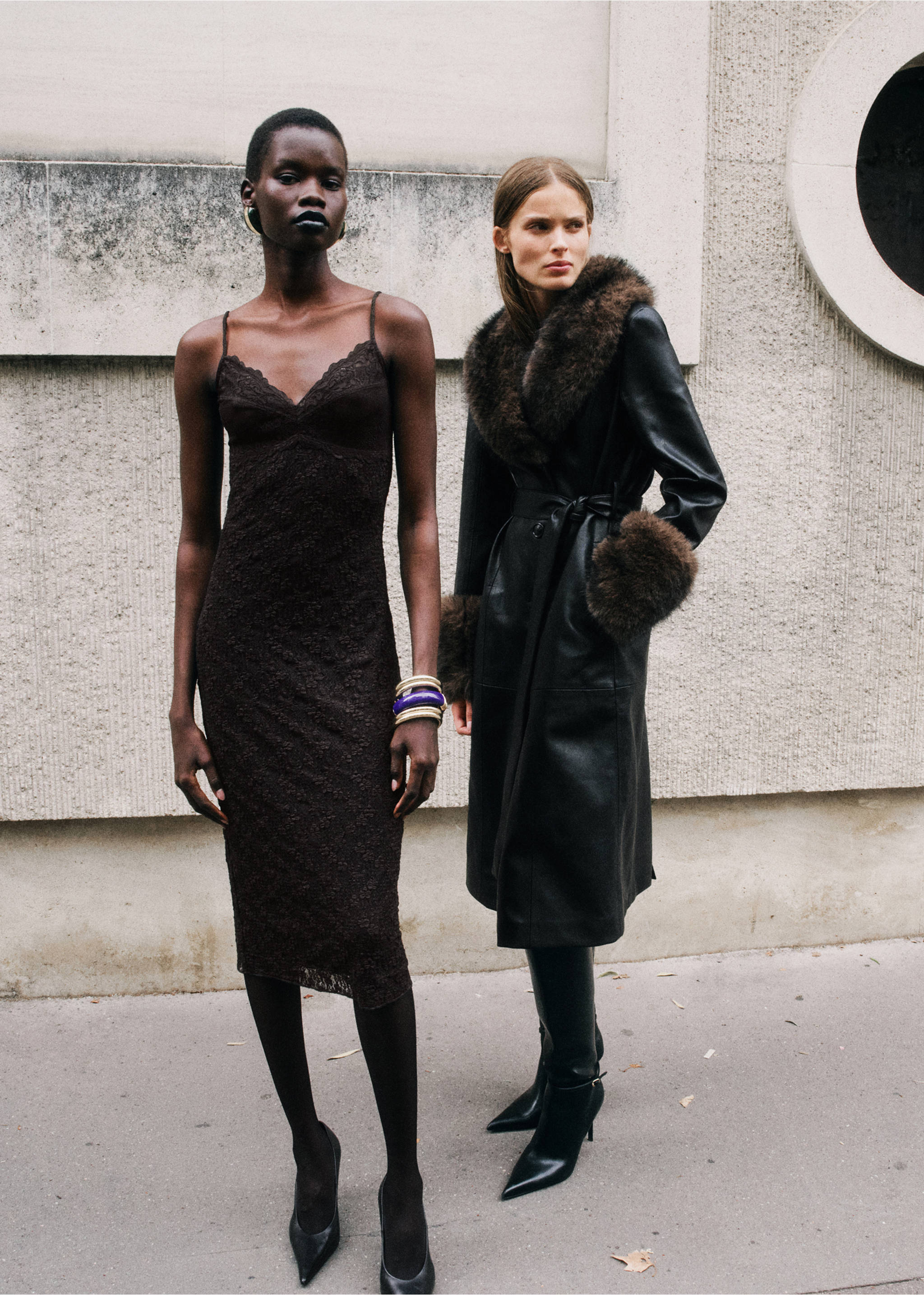 Faux-leather coat with fur-effect trim - Details of the article 1, Black. Ref: 37097907-00.