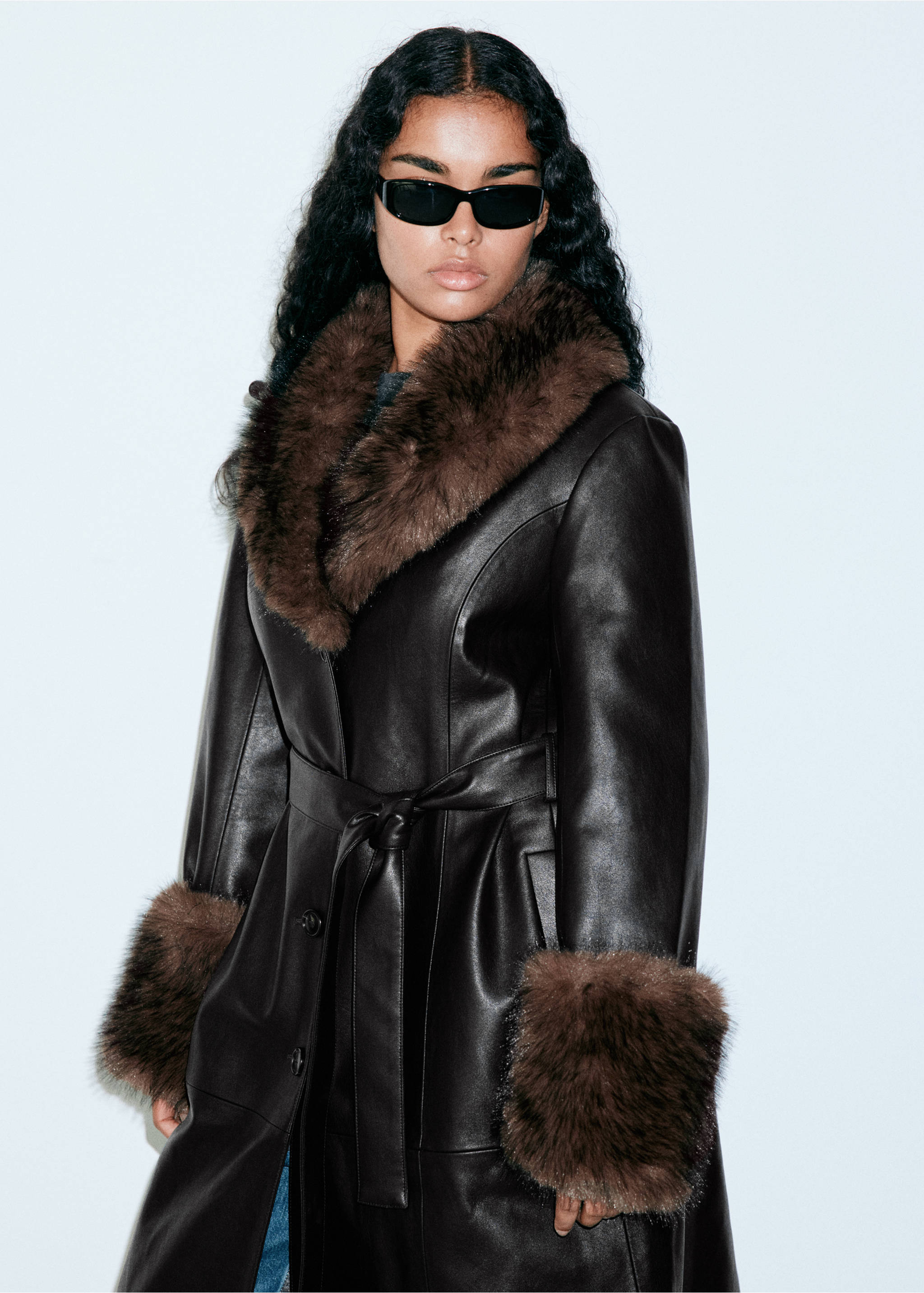 Faux-leather coat with fur-effect trim - Details of the article 6, Black. Ref: 37097907-00.