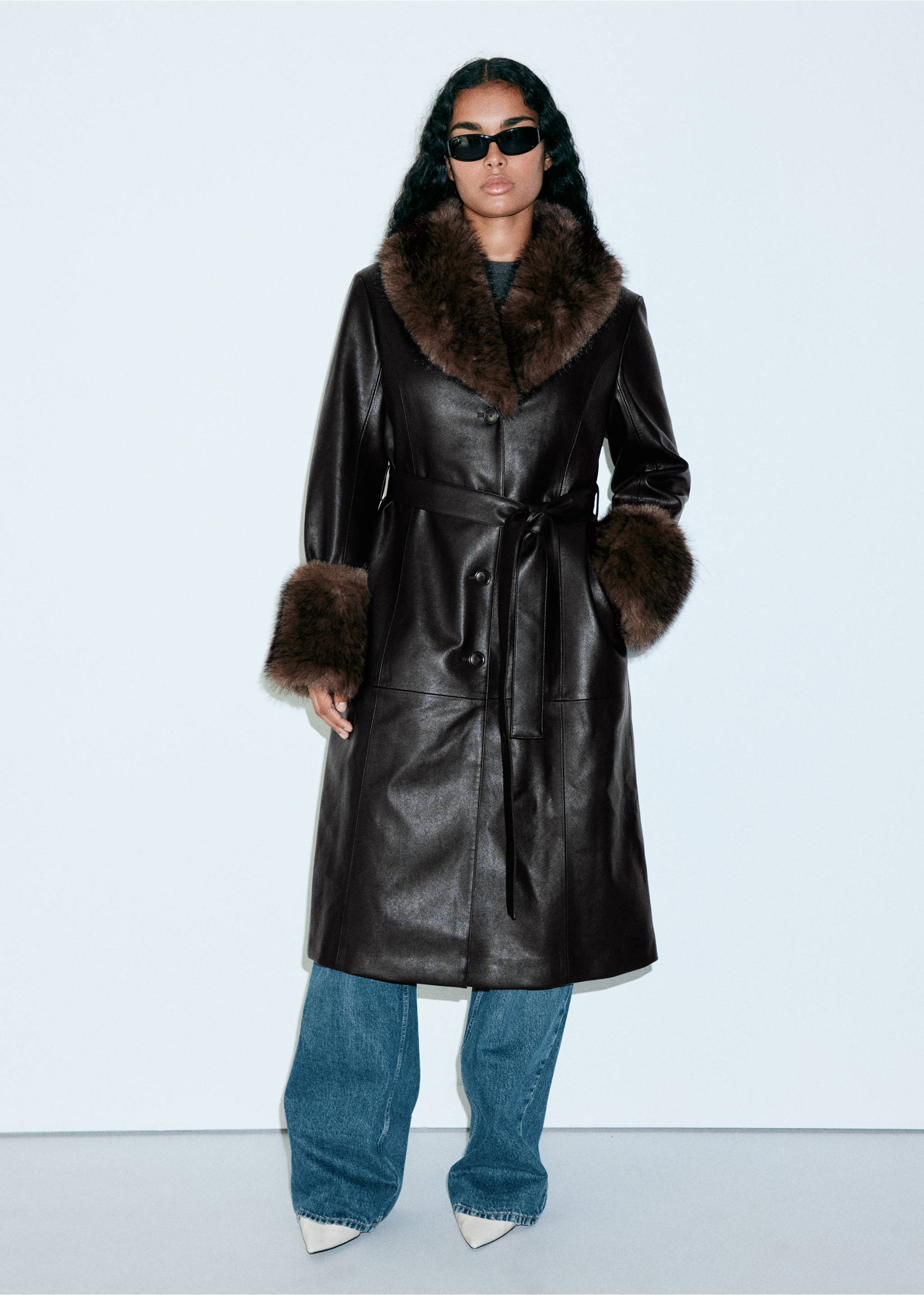 Faux-leather coat with fur-effect trim - Details of the article 5, Black. Ref: 37097907-00.