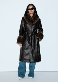 Faux-leather coat with fur-effect trim — Black 7