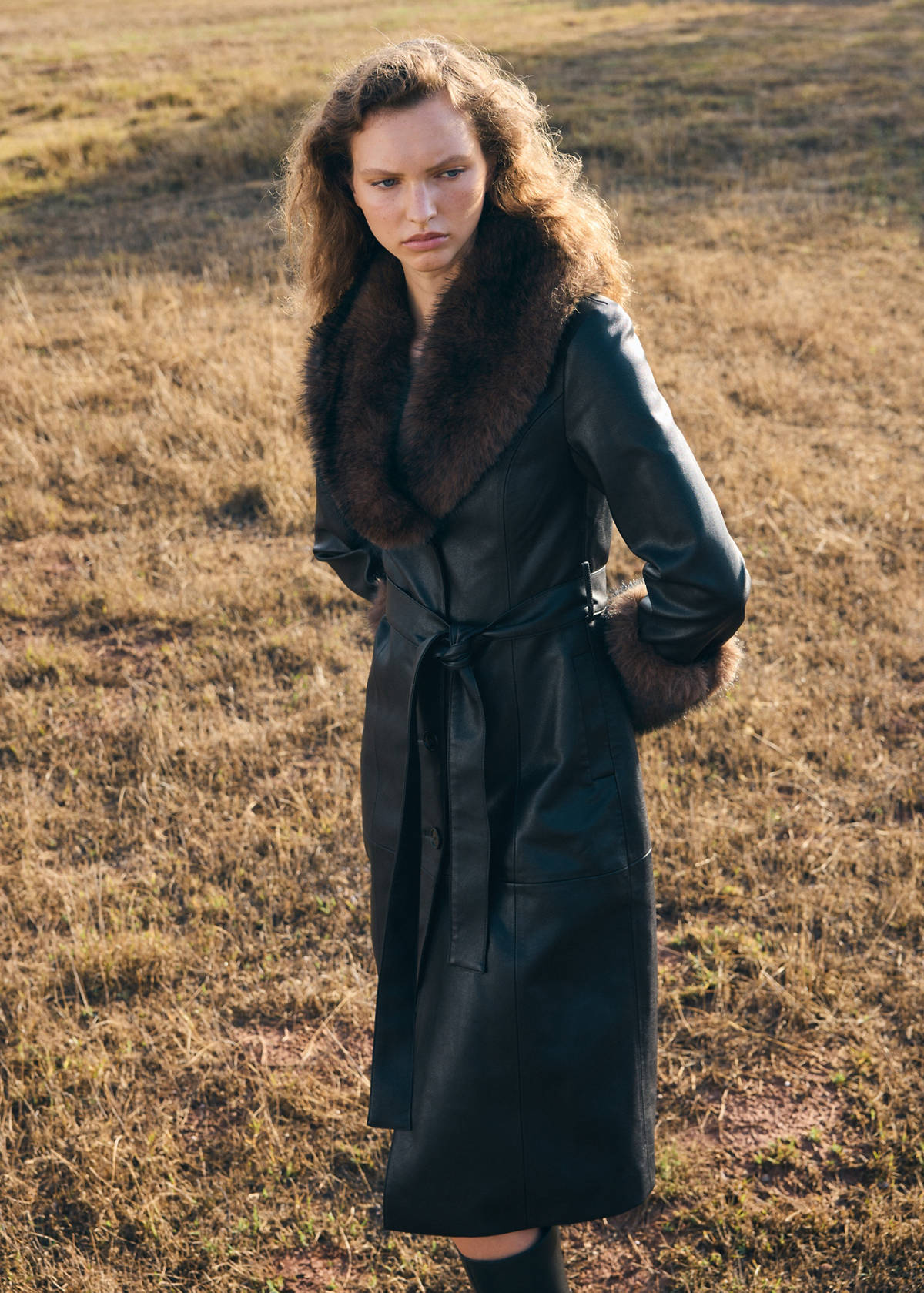 Faux-leather coat with fur-effect trim — Black