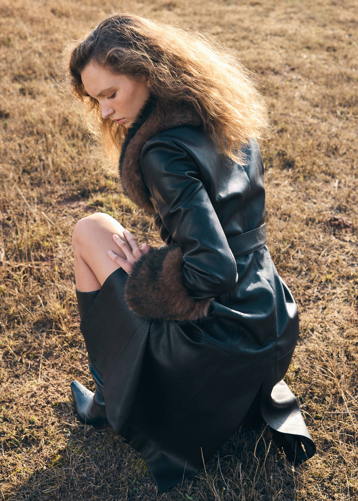 Faux-leather coat with fur-effect trim — Black