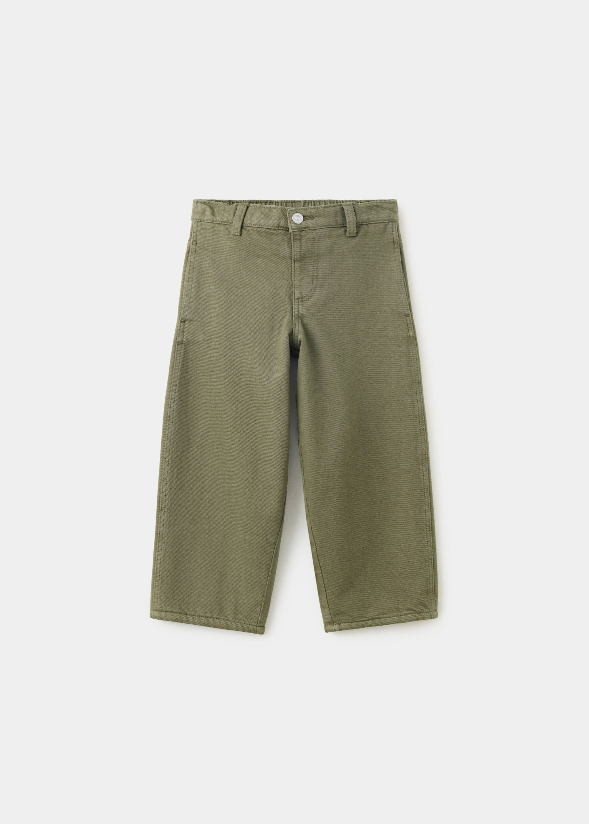 Olive green kids' straight trousers with belt loops and topstitching.