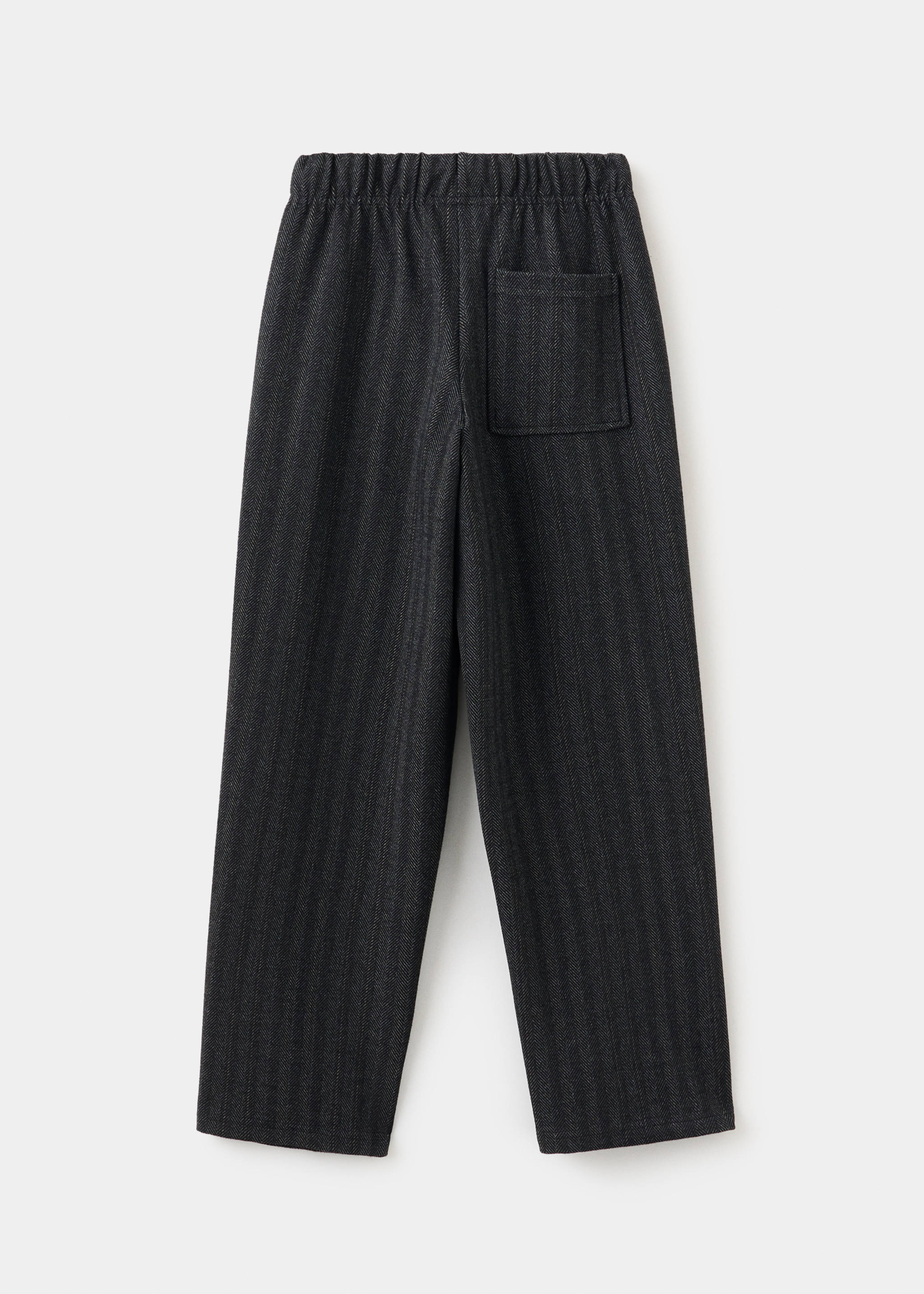 Dark grey herringbone trousers with an elasticated waist, back view.