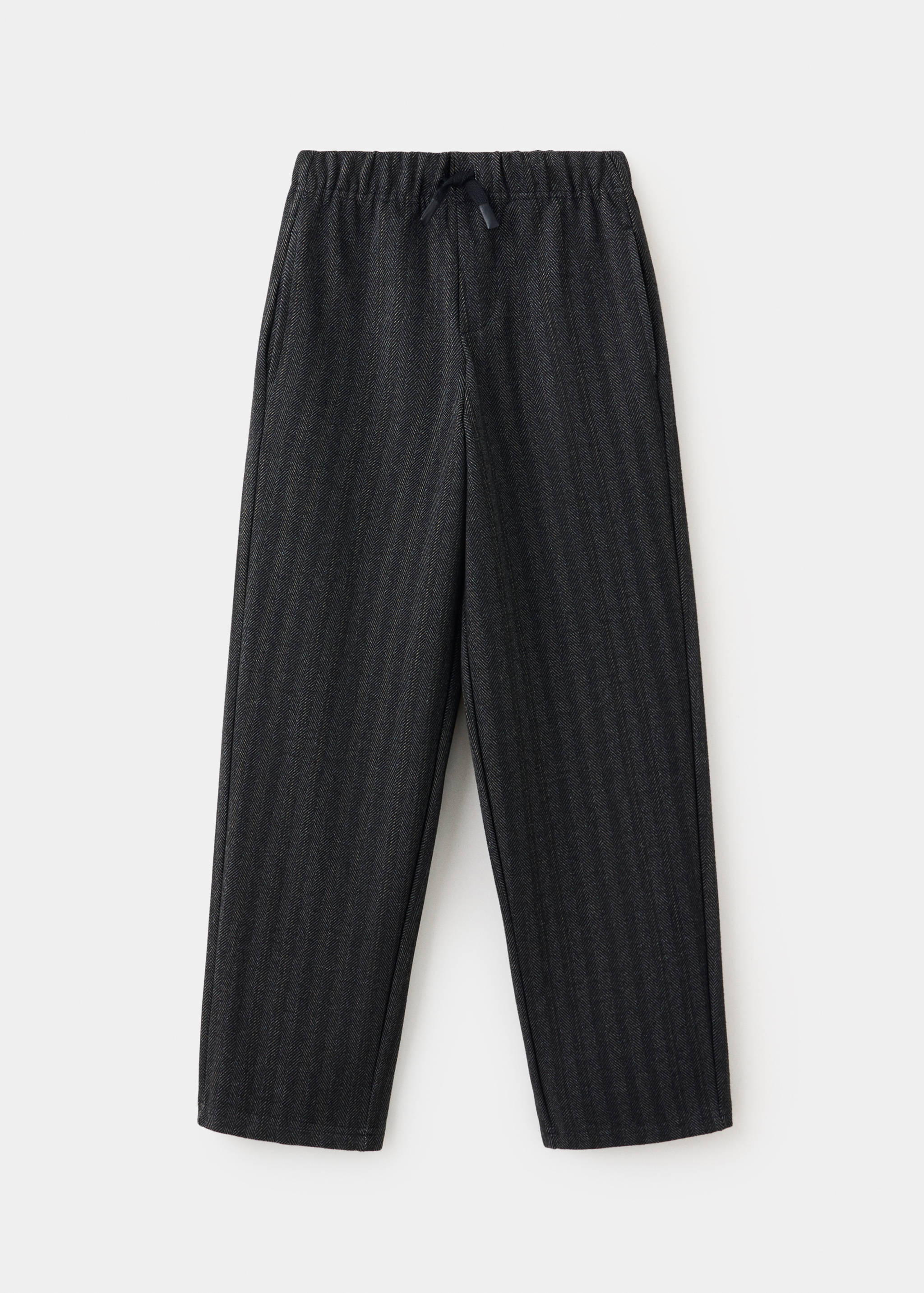 Dark grey kids' herringbone trousers with an elasticated drawstring waistband.