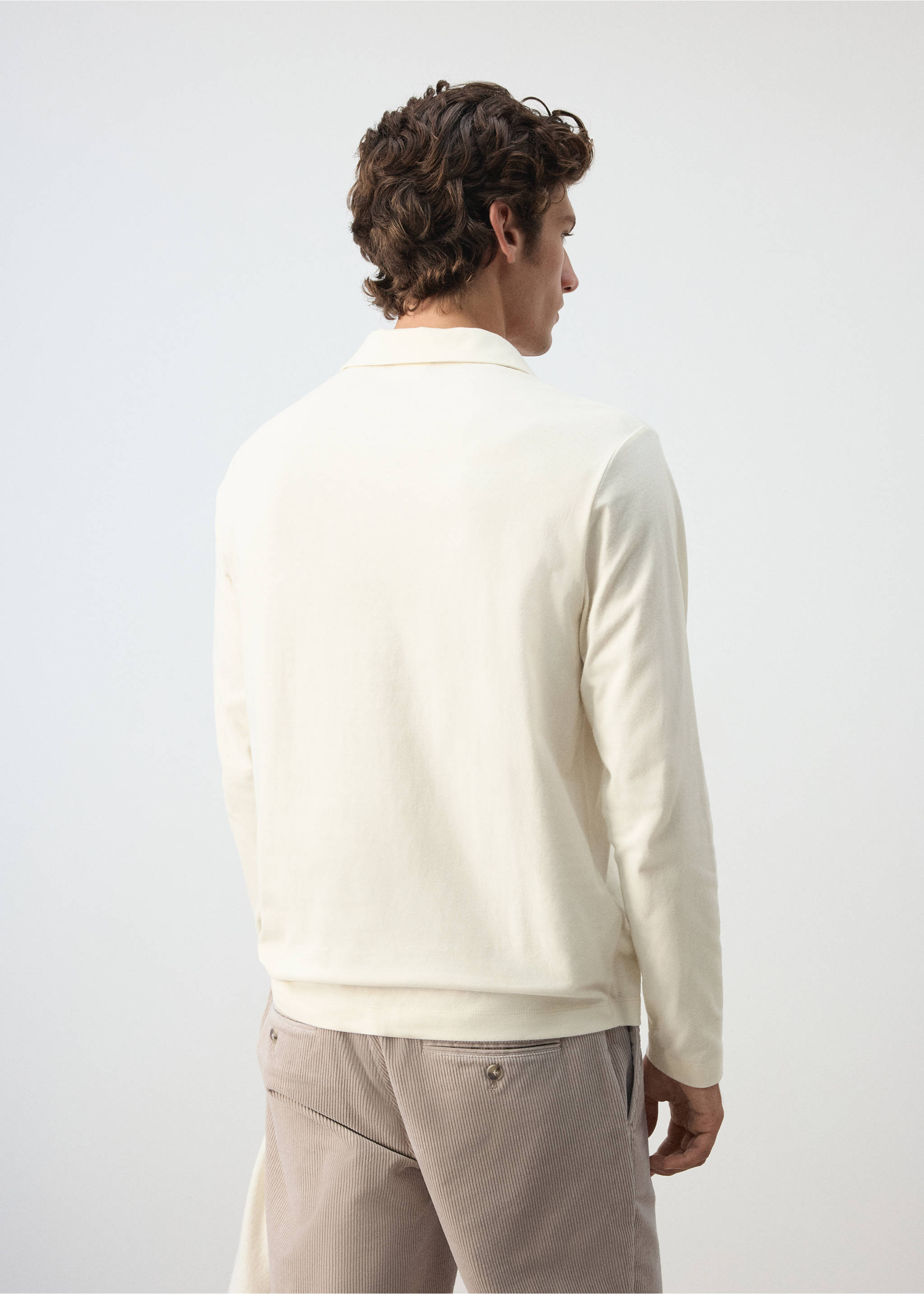 Back view of a cream long-sleeved polo shirt with a classic collar., Off White. Ref: 37097911-00.