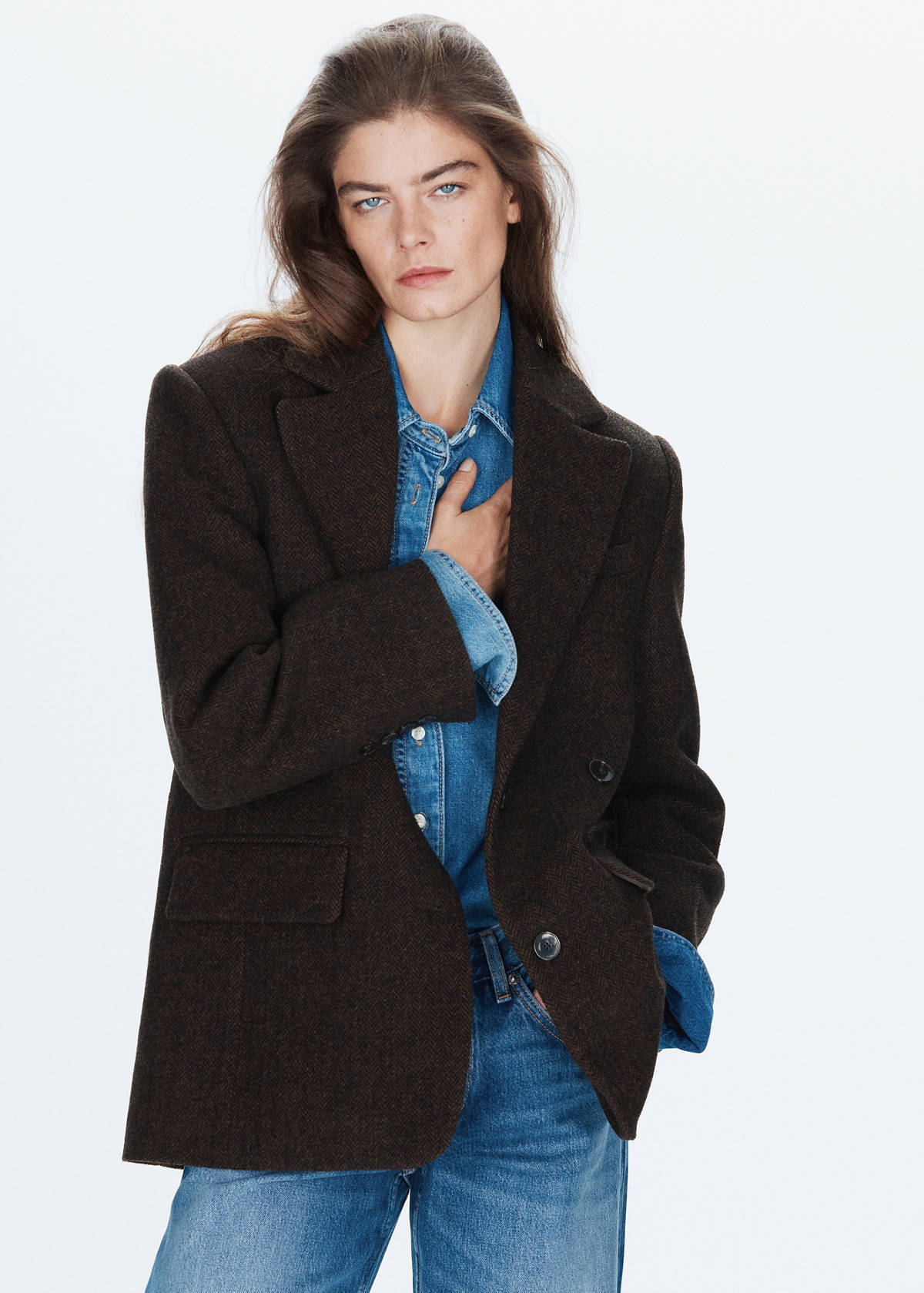 Straight-fit double-breasted suit jacket — Brown