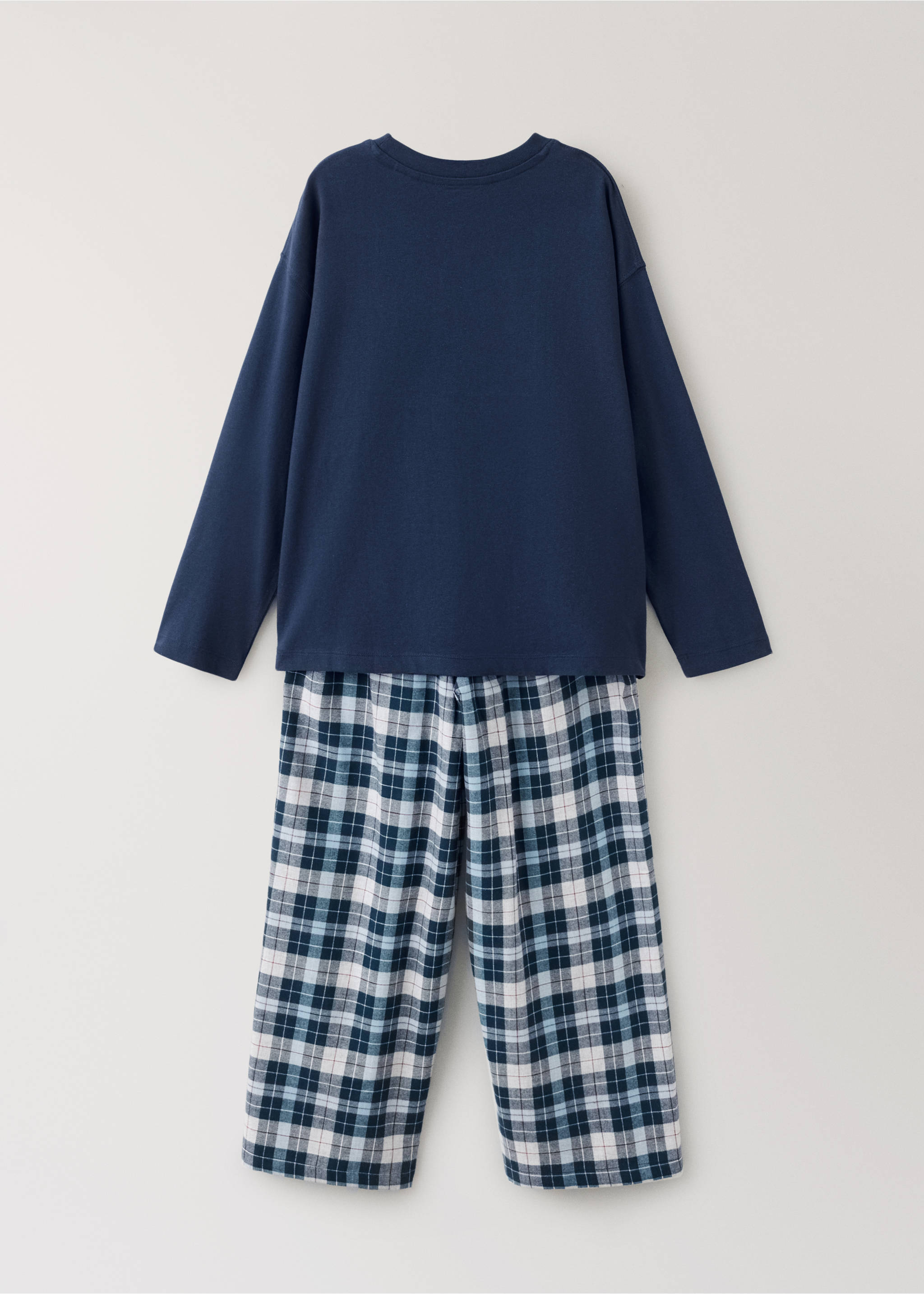 Navy blue pyjama set featuring a plain long-sleeved top and plaid trousers, back view., Navy. Ref: 37097914-00.