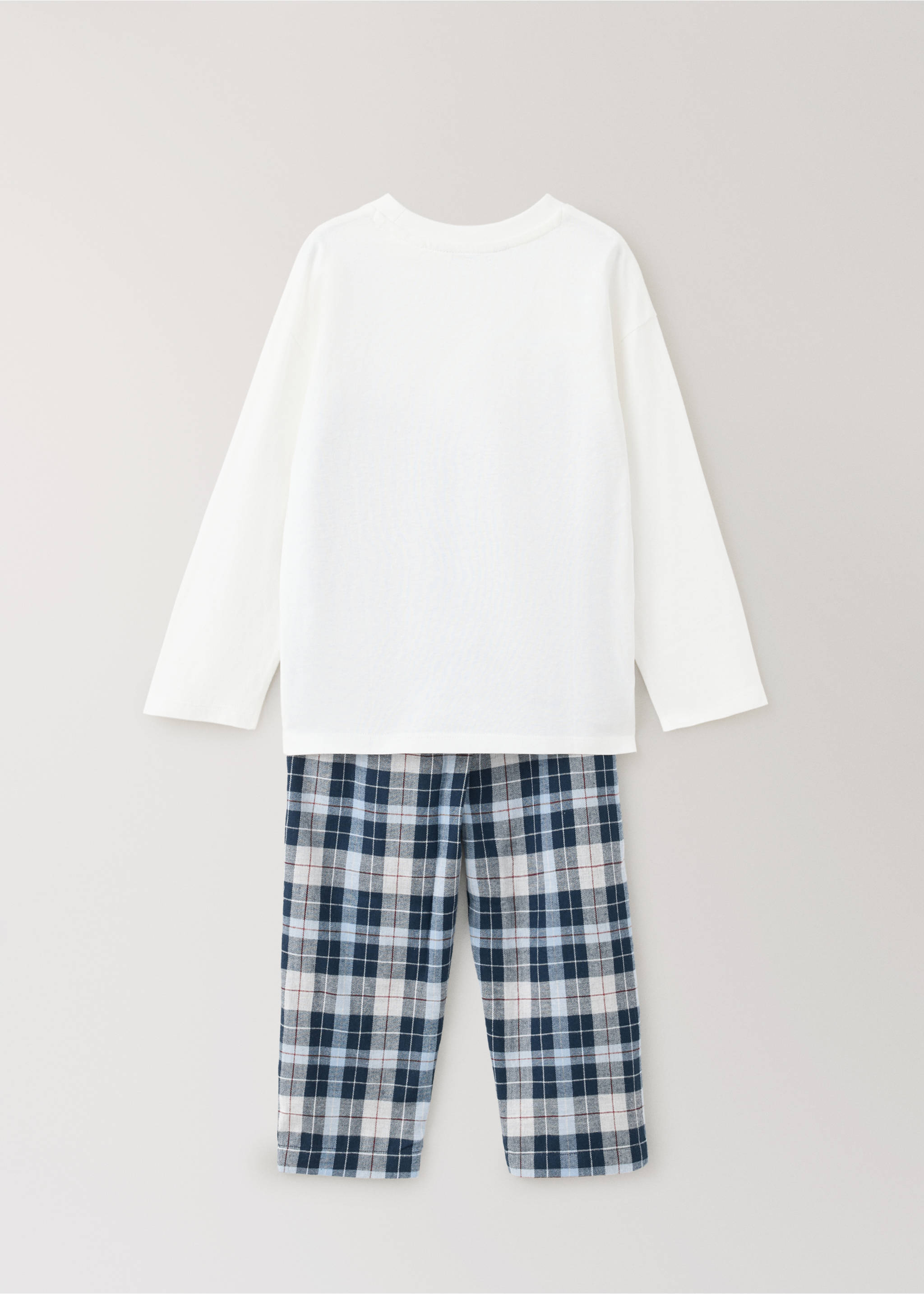 Kids' pyjama set with a white long-sleeved top and blue plaid trousers, back view., Night Blue. Ref: 37097916-00.