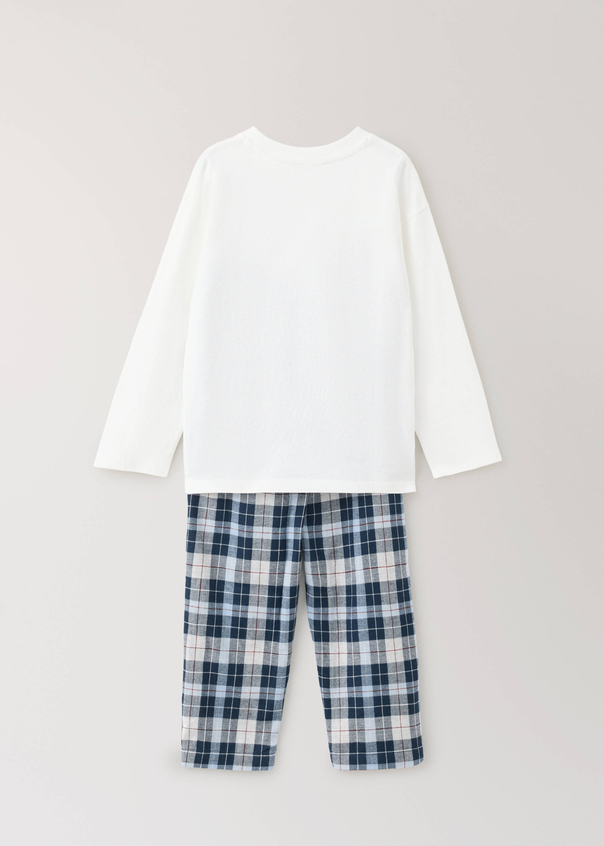 Kids' pyjama set with a white long-sleeved top and blue plaid trousers, back view.