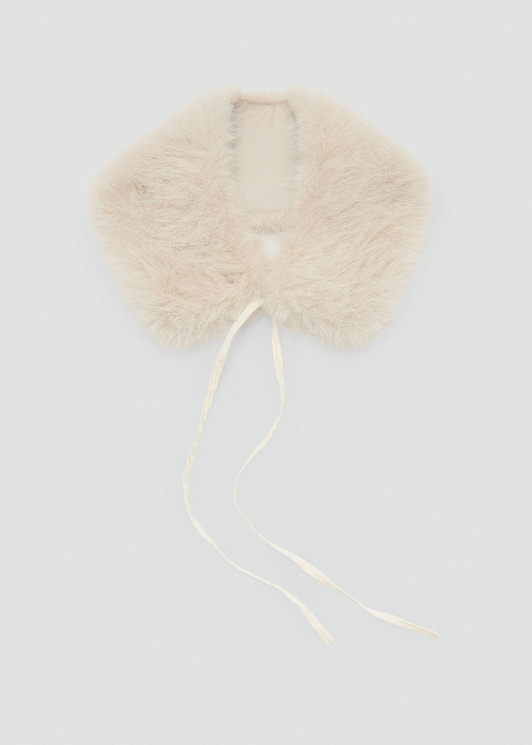 Cream faux-fur collar scarf with long ribbon ties.