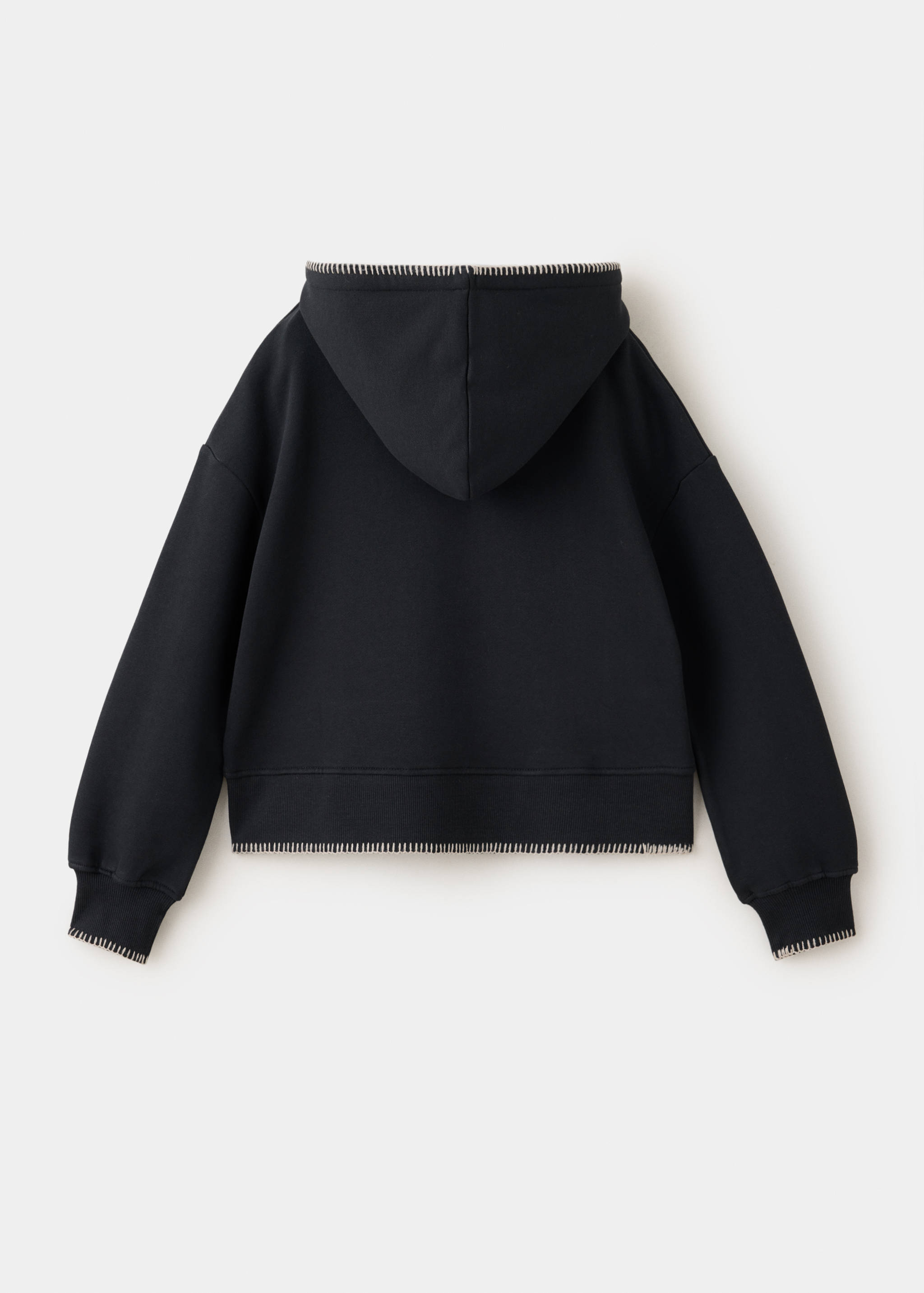 Navy blue hoodie with cream blanket stitch trim, back view