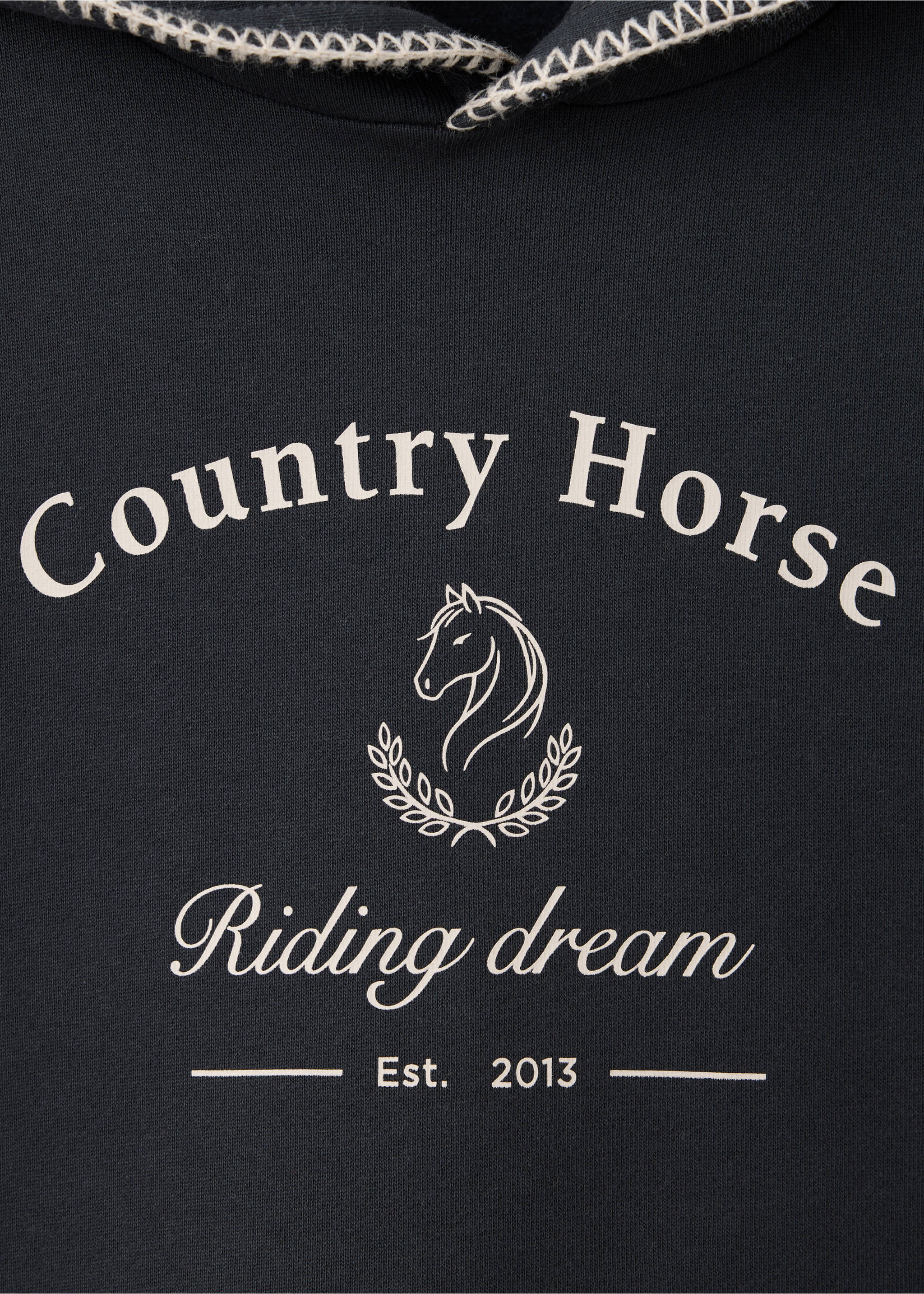 Navy blue kids' hoodie with cream horse graphic and contrast stitching detail., Charcoal. Ref: 37097924-00.
