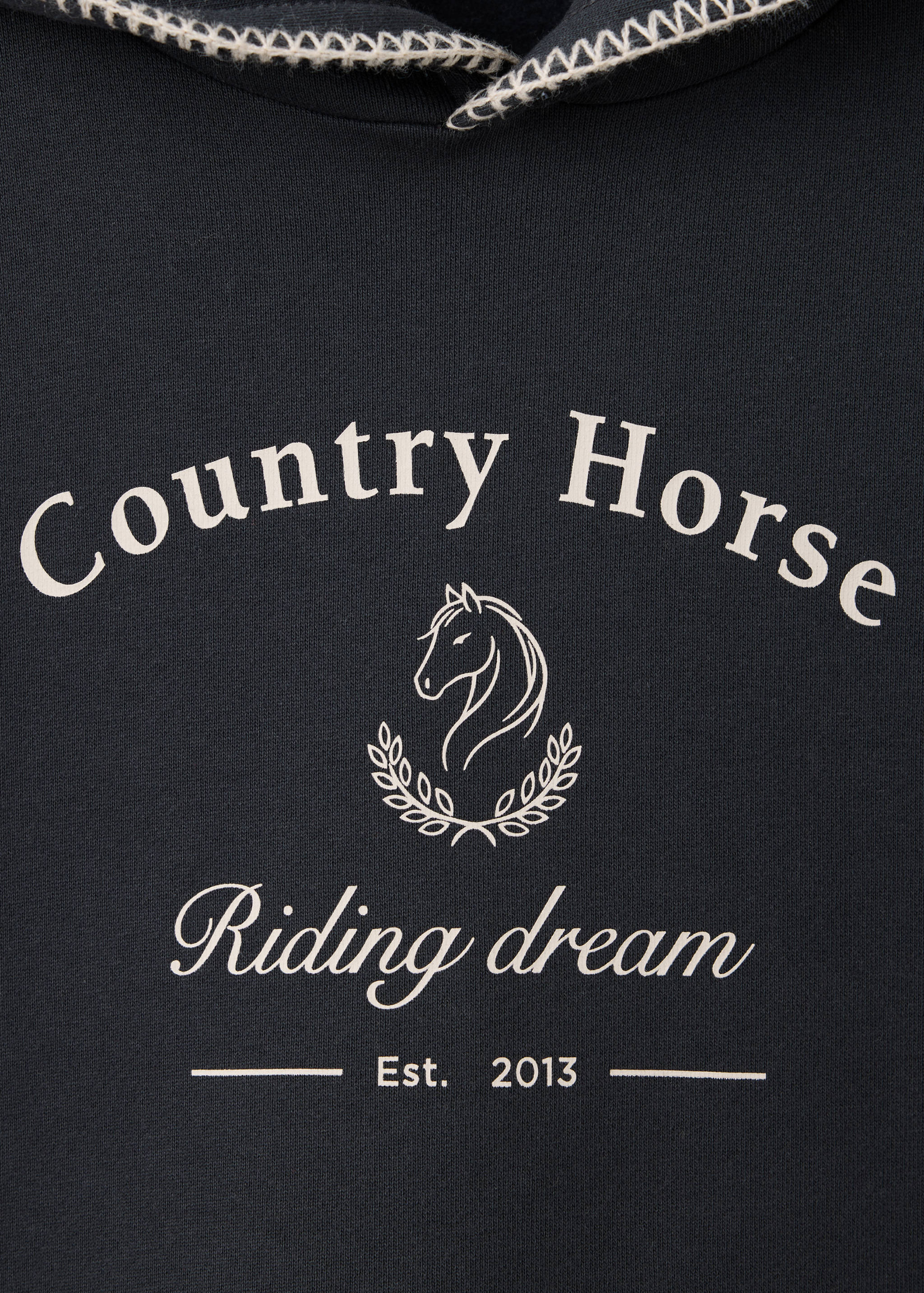Navy blue kids' hoodie with cream horse graphic and contrast stitching detail.