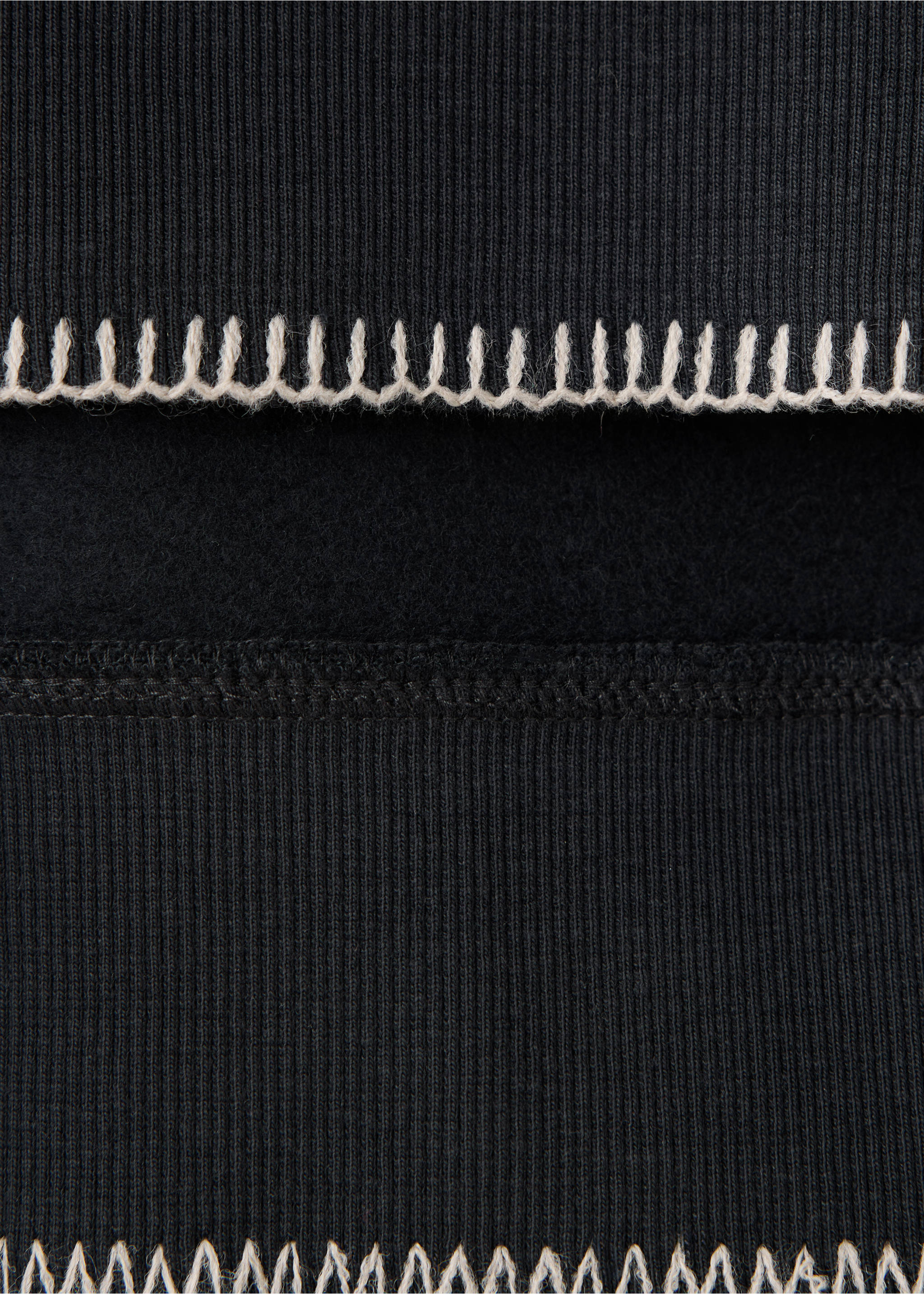 Close-up of a navy blue sweatshirt with ribbed texture and contrasting stitch detail., Charcoal. Ref: 37097924-00.