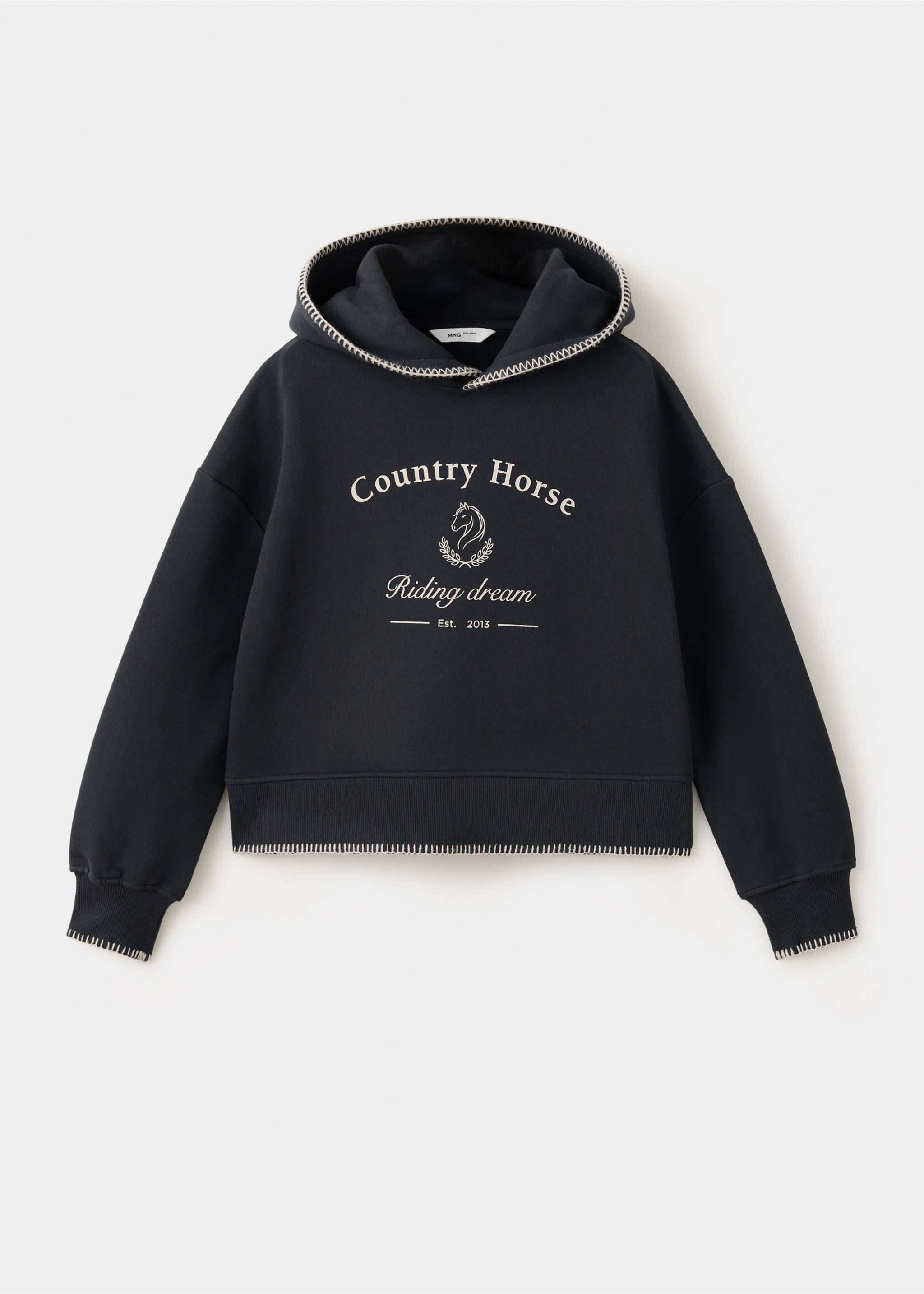 Navy blue kids hoodie with contrasting white whipstitch trim and graphic chest text., Charcoal. Ref: 37097924-00.