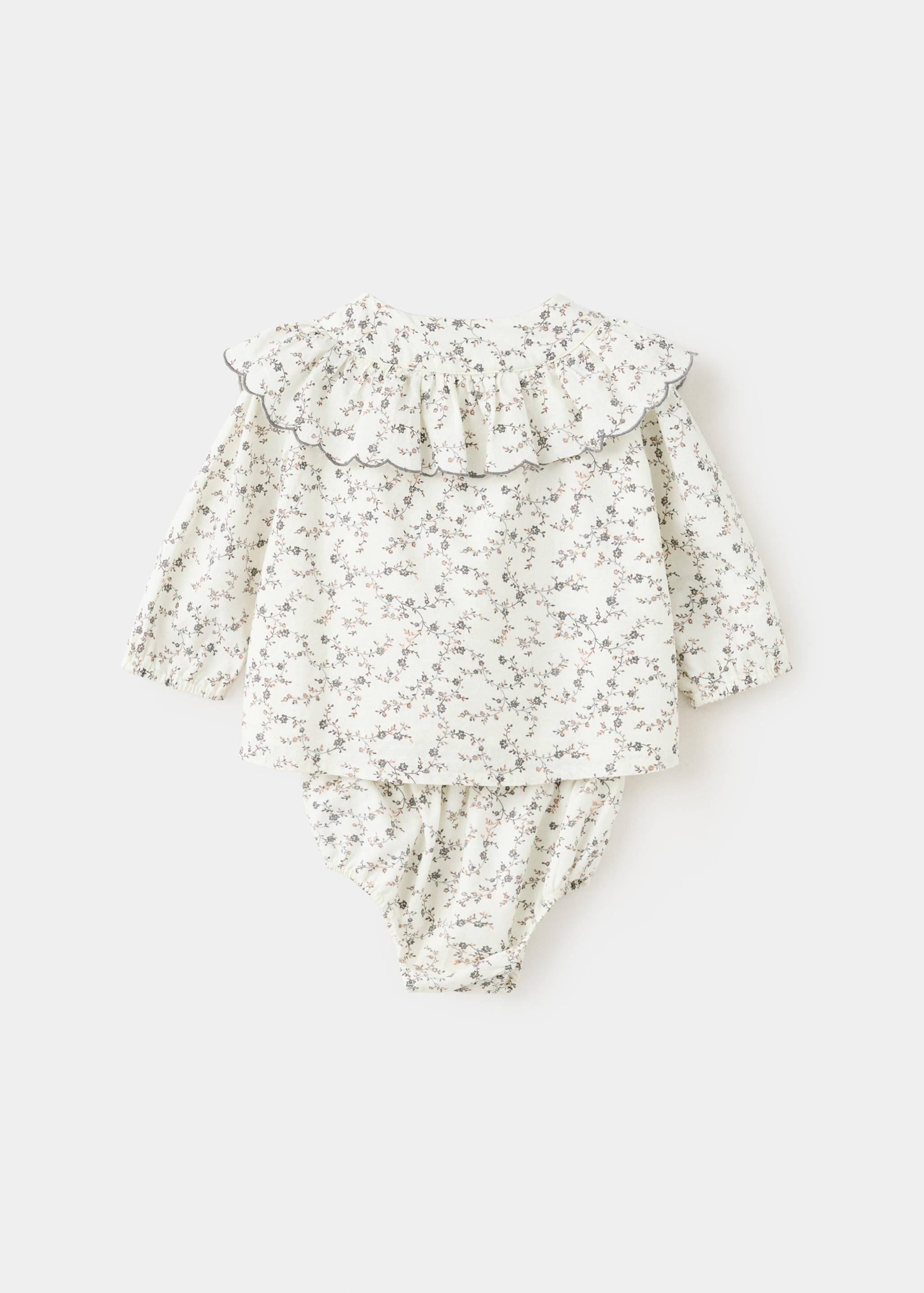 Floral dress and knickers set in off-white, shown from the back with a scalloped collar.