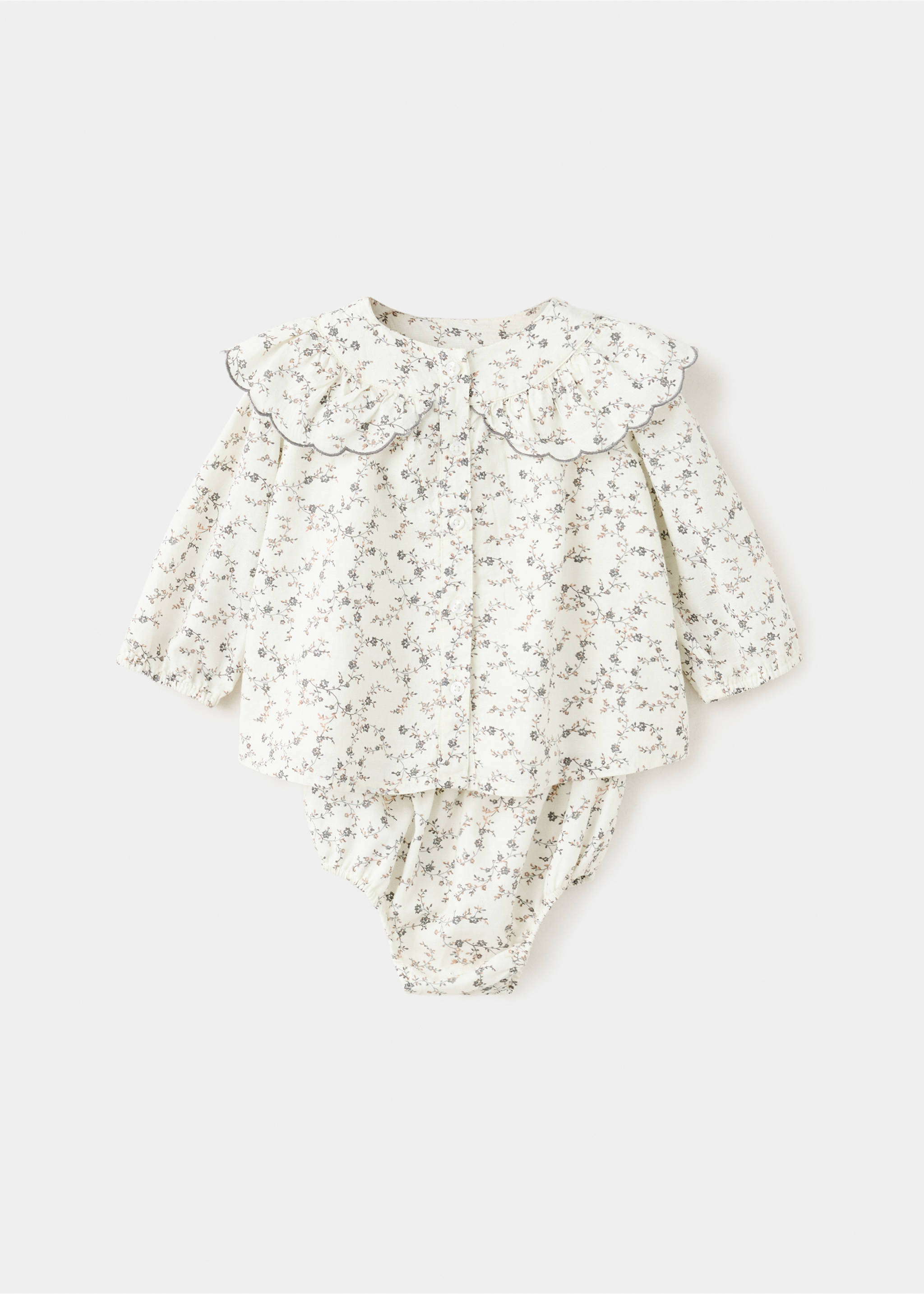 Floral baby dress set with a scalloped collar and long sleeves., Ecru. Ref: 37097925-00.