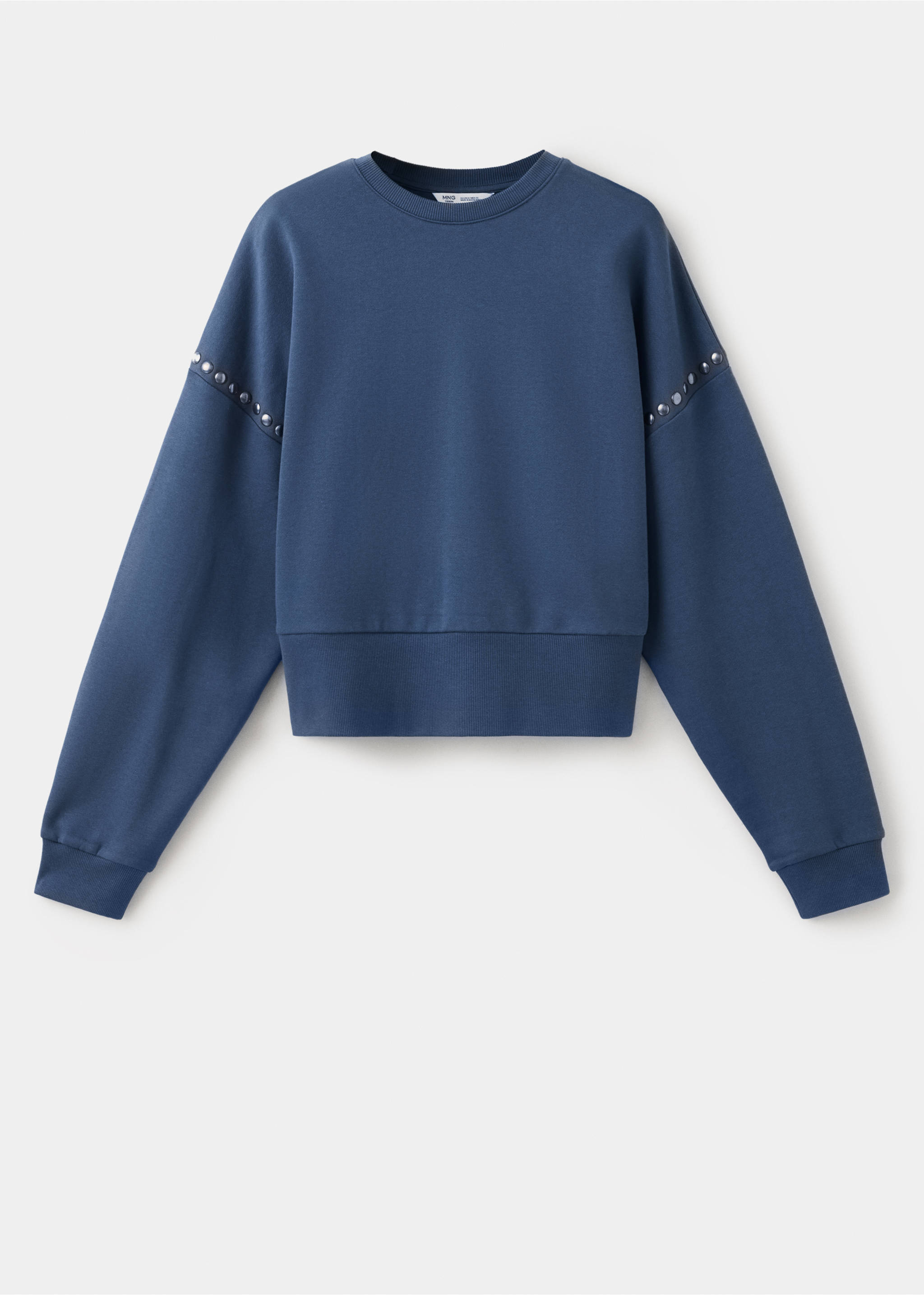 Sudadera azul oscuro de cuello redondo con detalles de tachuelas en las mangas y acabados de canalé., Azul. Ref: 37097929-00.