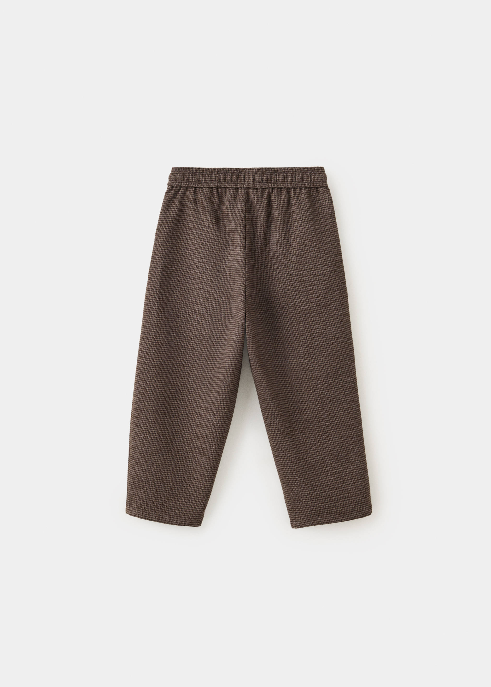 Brown patterned children's trousers from the back, featuring an elasticated waistband.