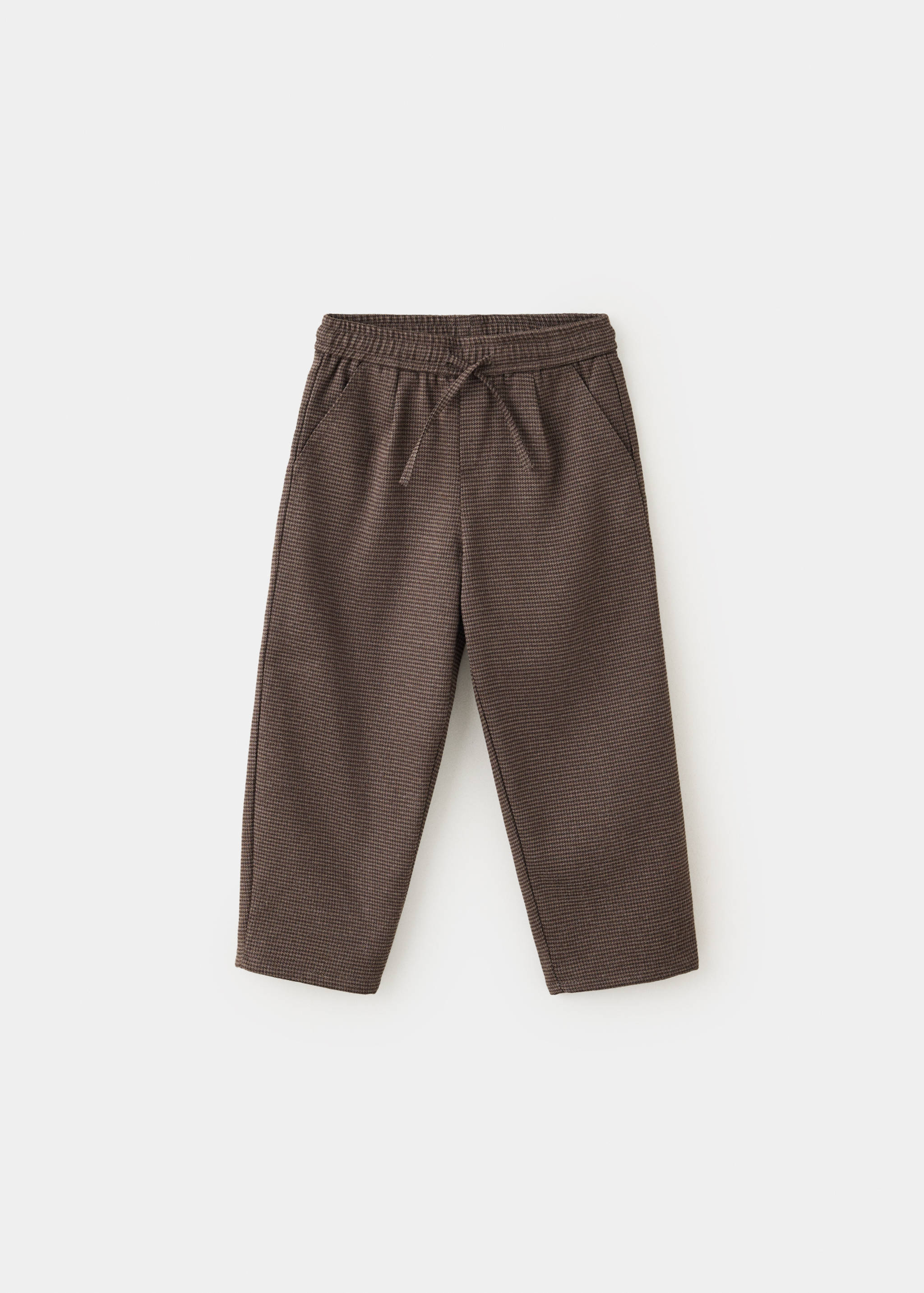 Brown micro-pattern trousers with an elasticated drawstring waist.