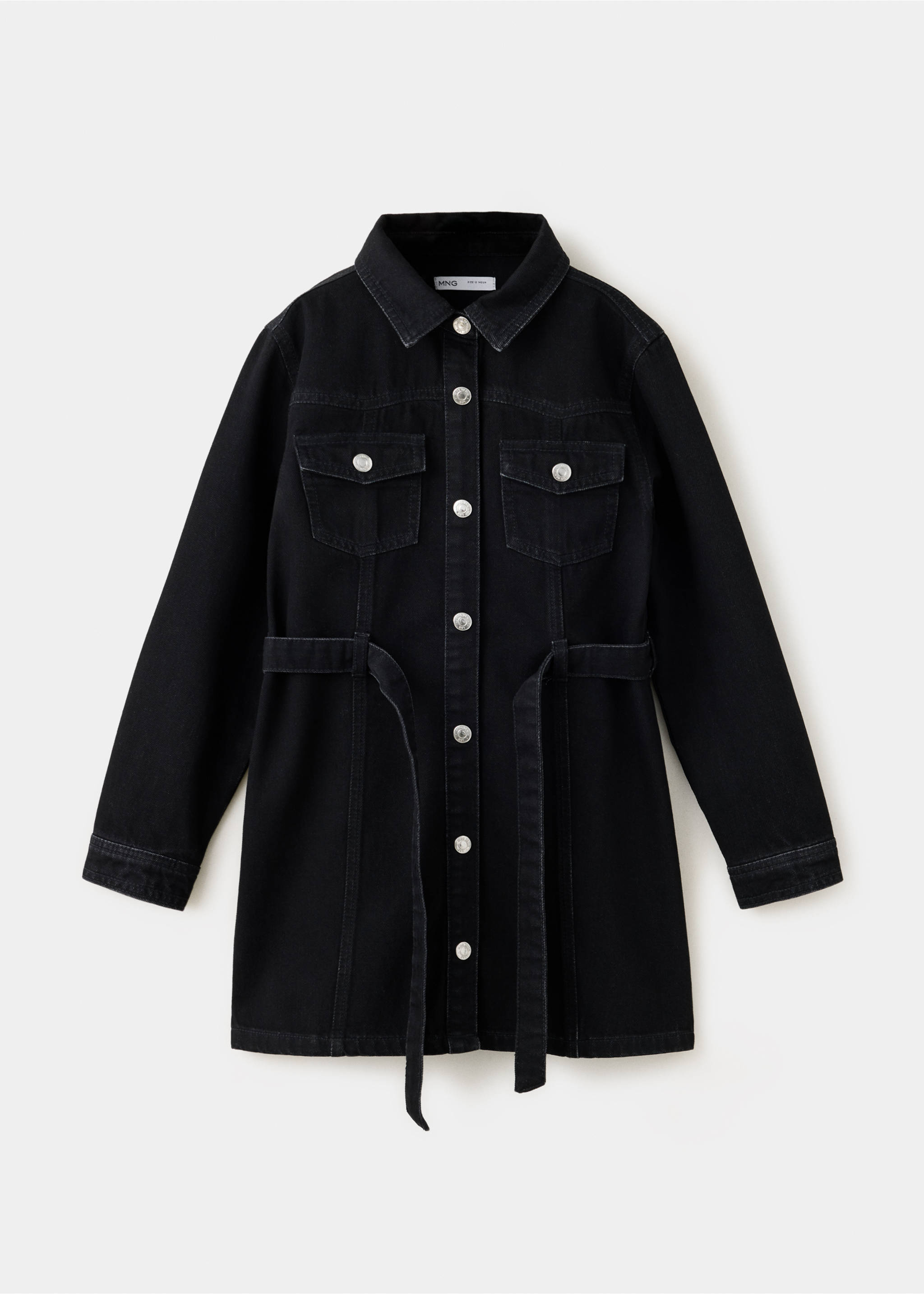 Black denim shirt-dress with long sleeves, front buttons, chest pockets, and a self-fabric tie belt., Black denim. Ref: 37097932-00.