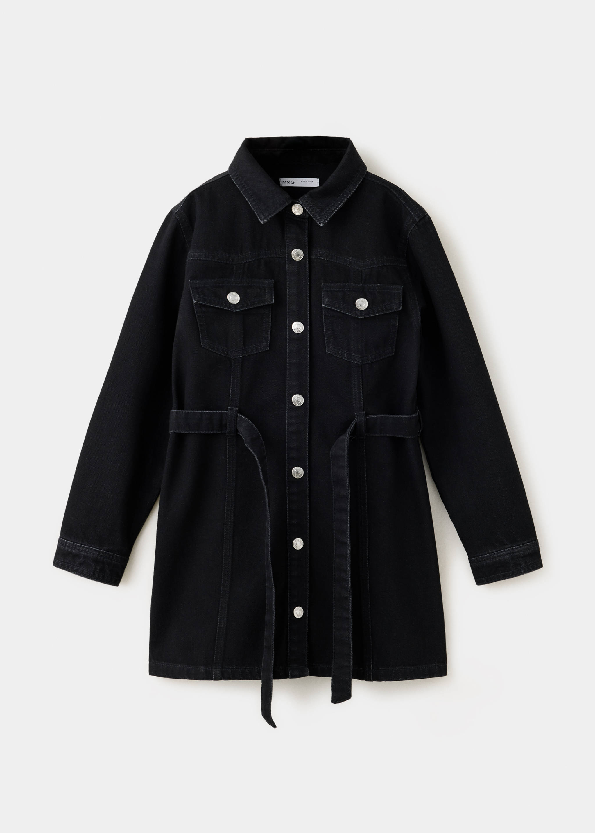 Black denim shirt-dress with long sleeves, front buttons, chest pockets, and a self-fabric tie belt.
