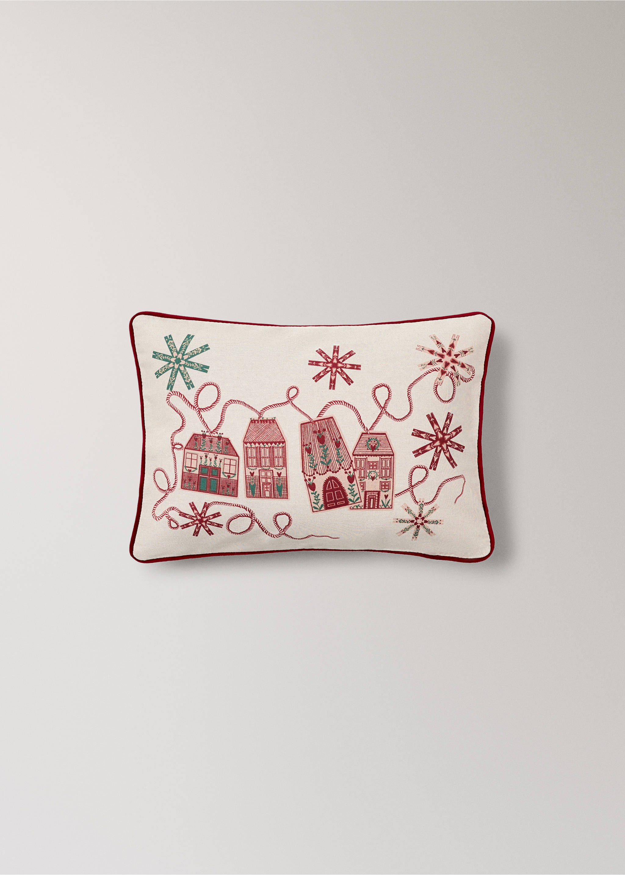 Off-white cushion cover with red piping and embroidered festive houses., Red. Ref: 37097934-00.
