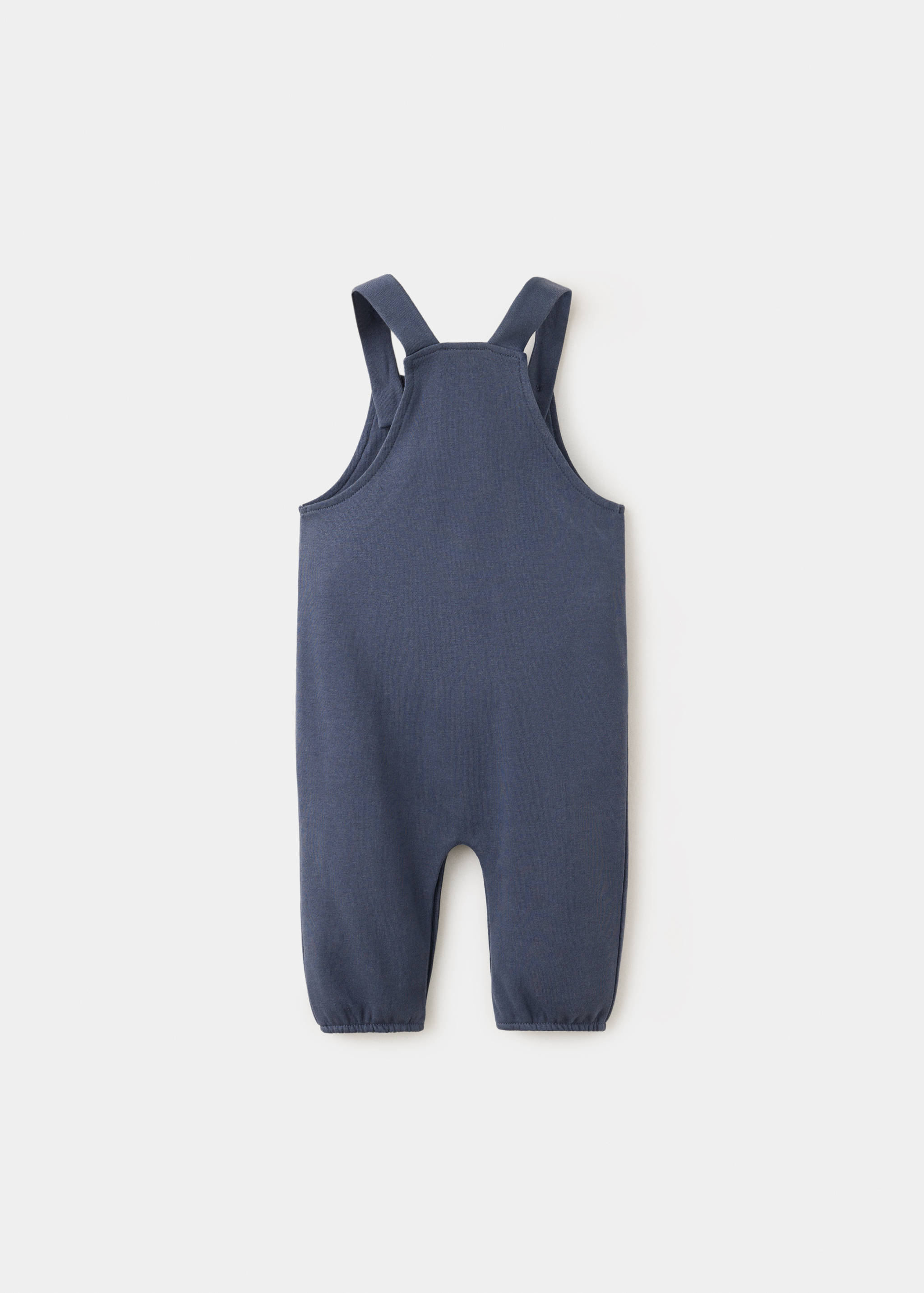 Dark blue kids' dungarees, back view, with shoulder straps and elastic cuffs.