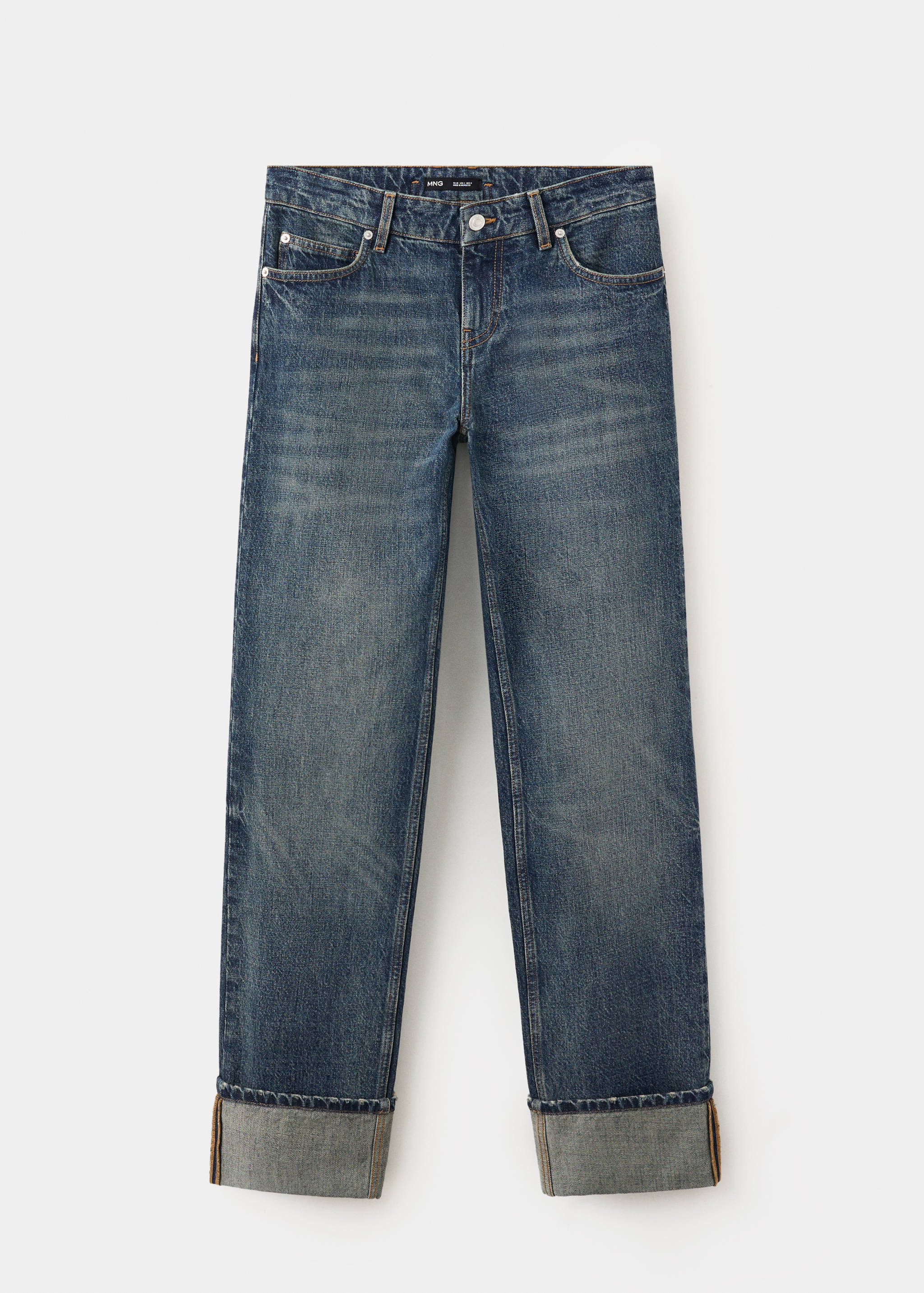 Mid-wash blue denim straight trousers with turn-up cuffs.