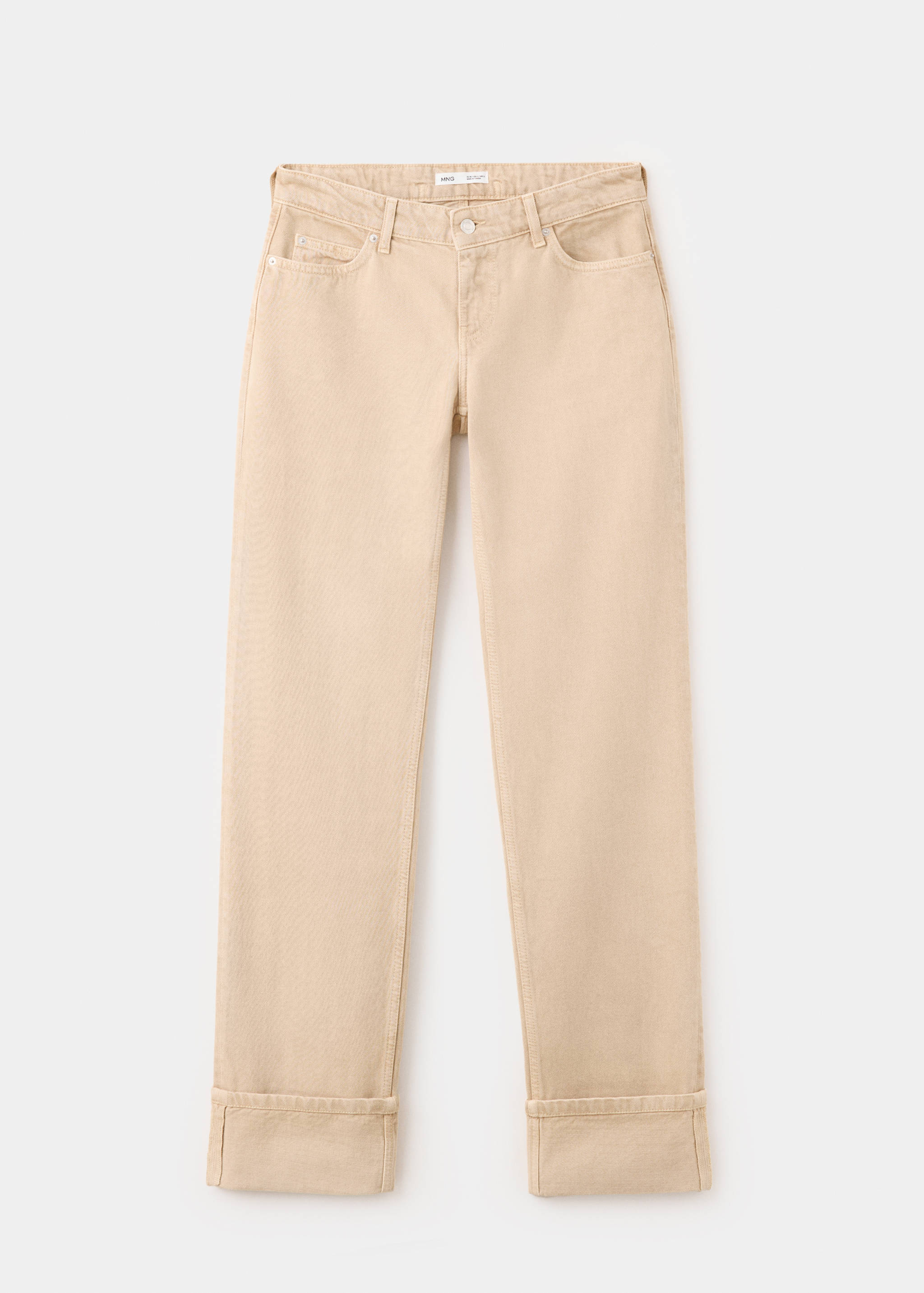 Beige denim trousers in a straight-leg style with turned-up cuffs.