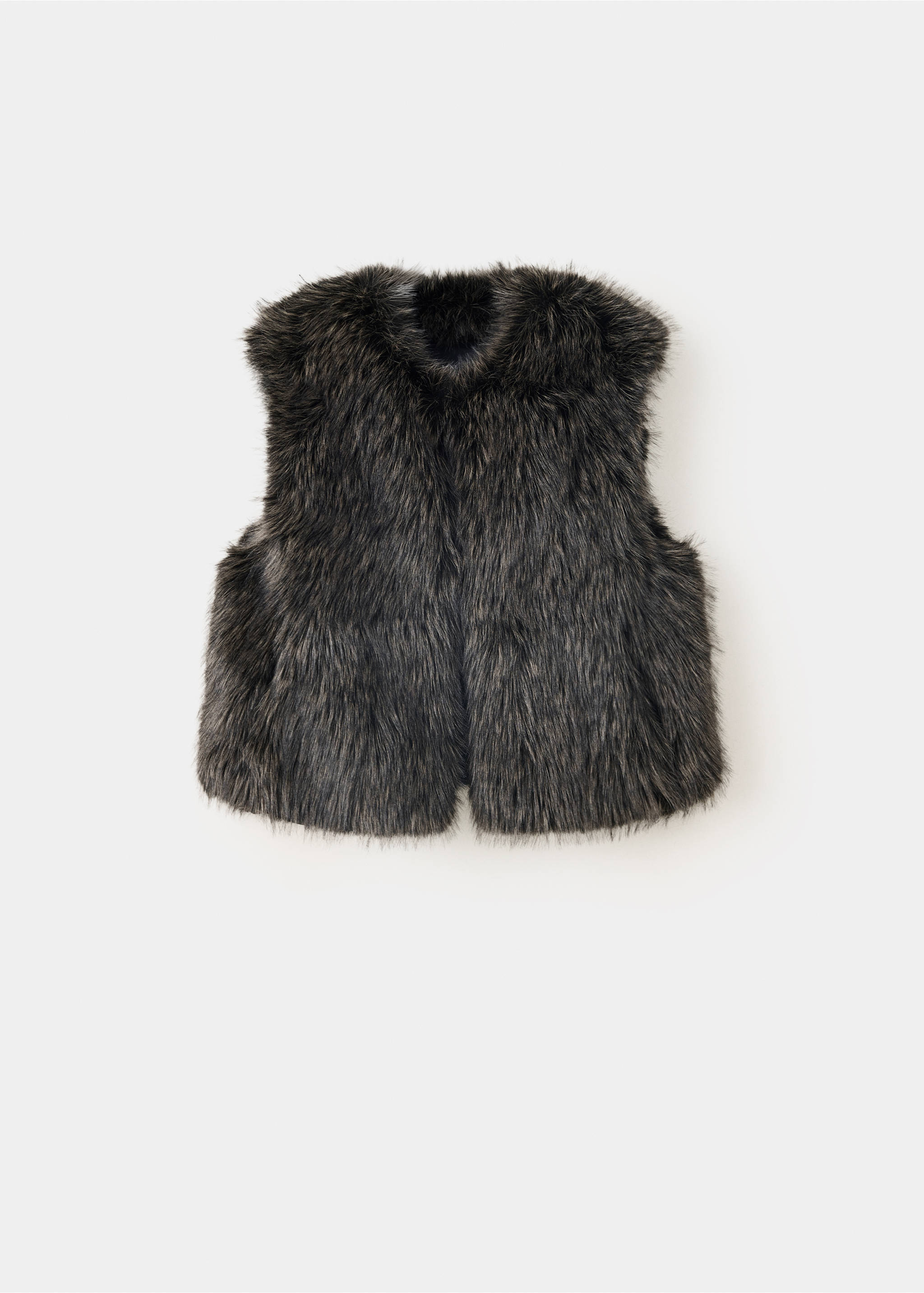 Dark grey faux-fur vest with a round neckline., Black. Ref: 37098261-00.