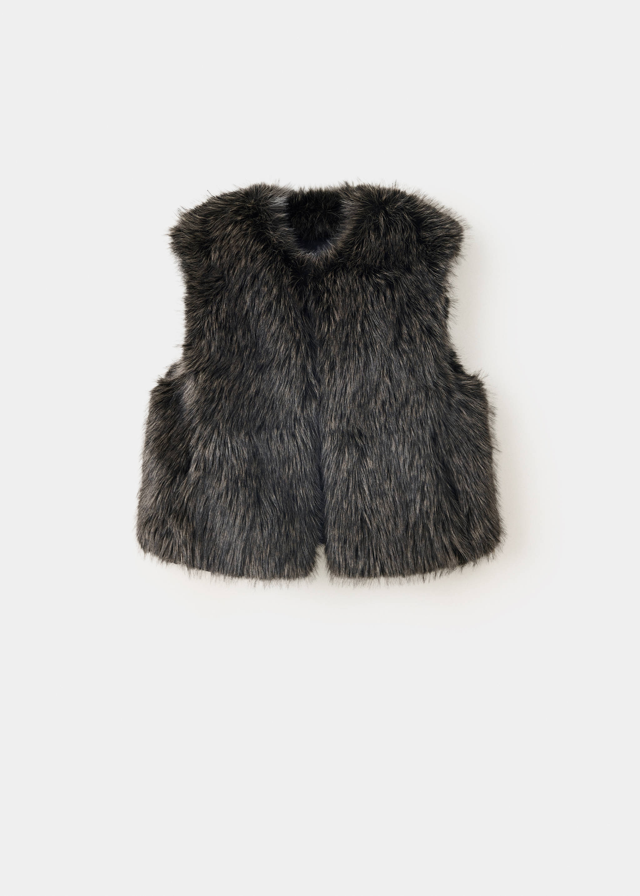 Dark grey faux-fur vest with a round neckline.