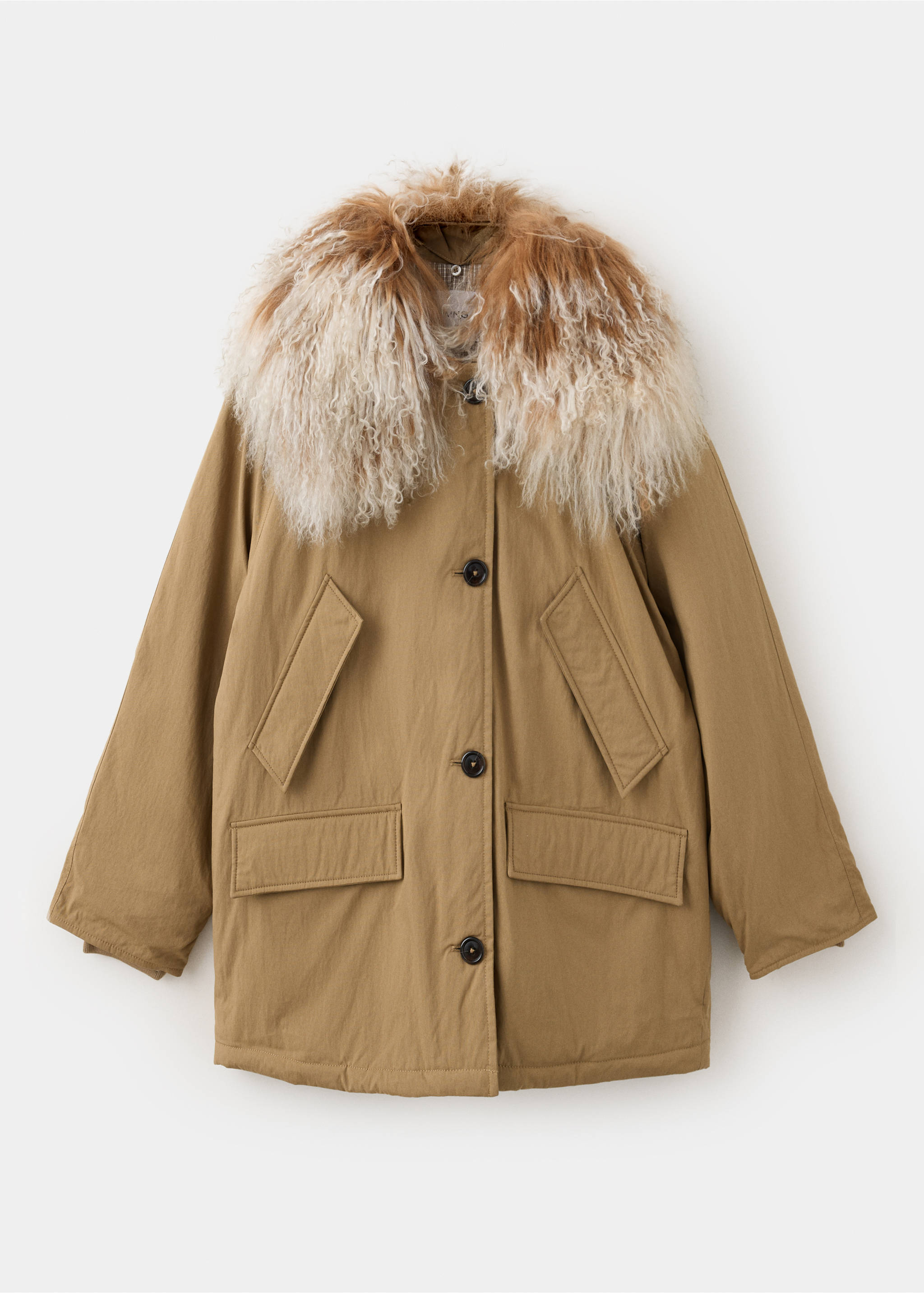 Brown parka with a large fluffy faux-fur collar and front buttons., Beige. Ref: 37098264-00.