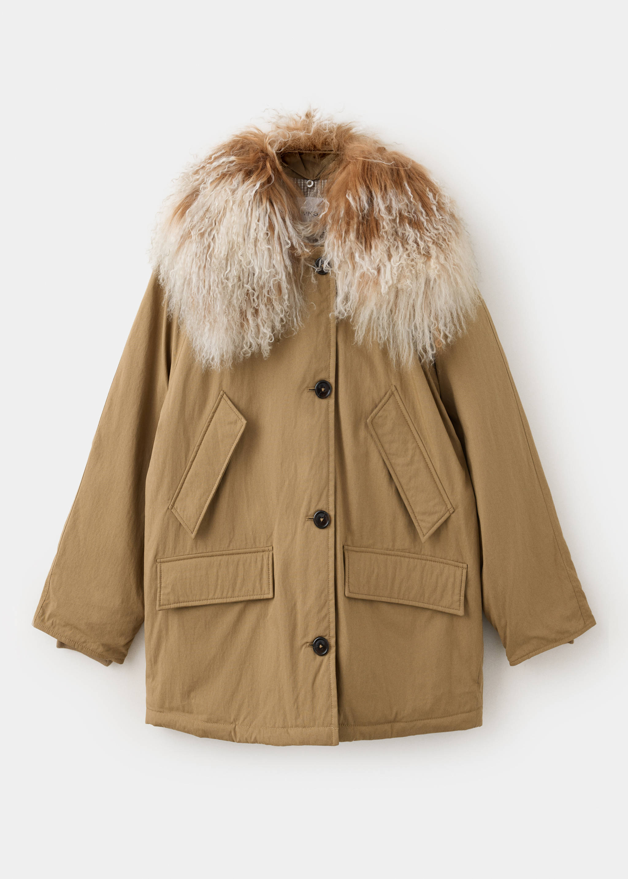 Brown parka with a large fluffy faux-fur collar and front buttons.