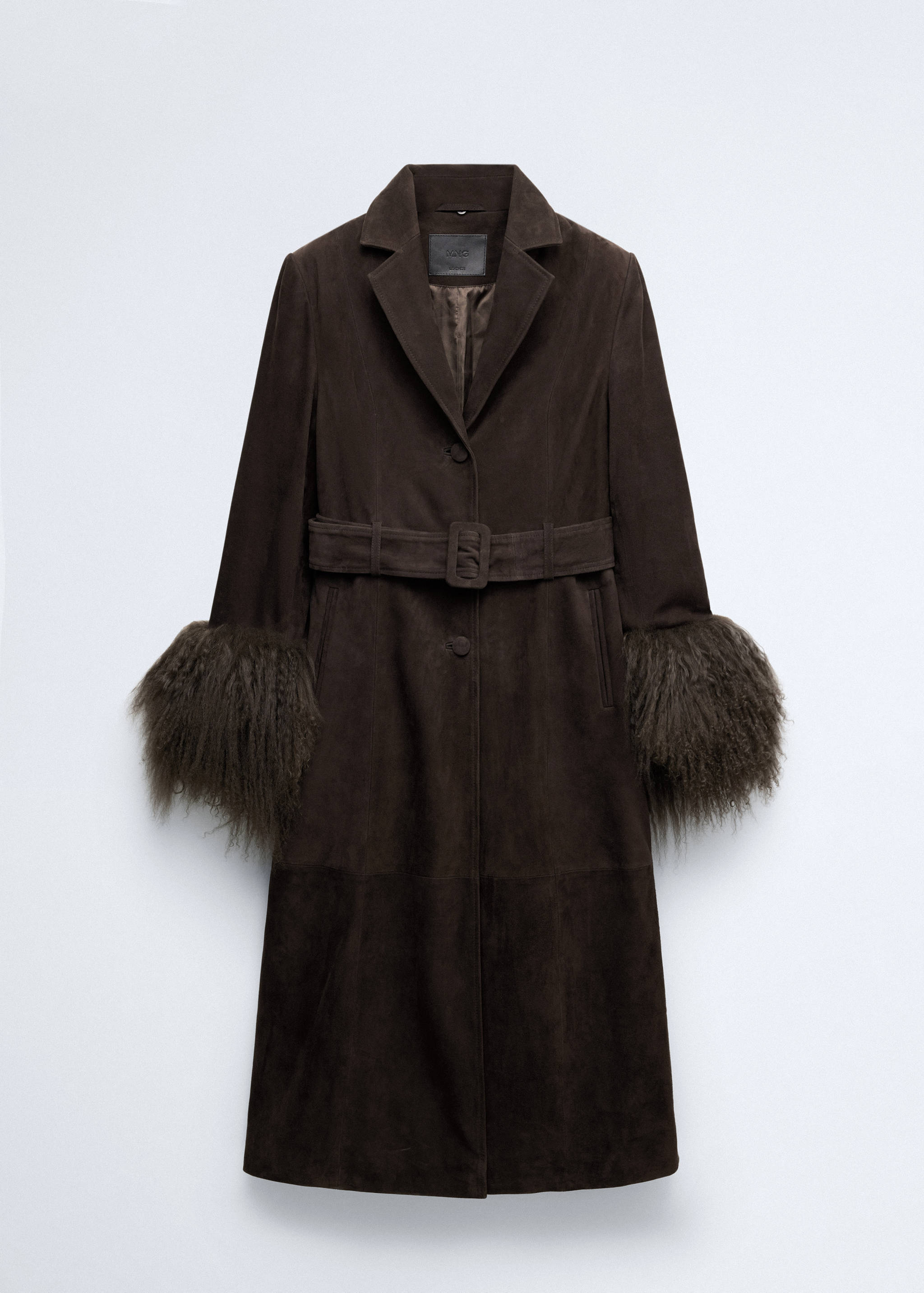 Dark brown long coat featuring a lapel collar, button fastening, matching belt, and fluffy faux-fur cuffs.
