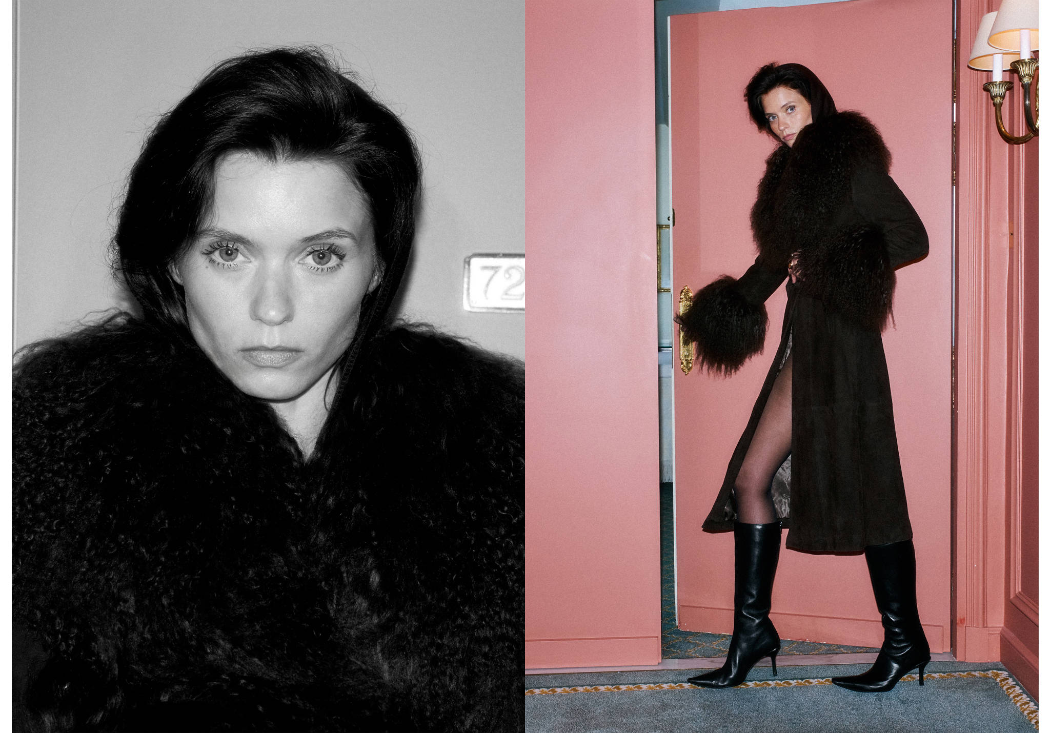 Long dark brown coat with voluminous faux-fur collar and cuffs, shown in a close-up and a full-length shot.